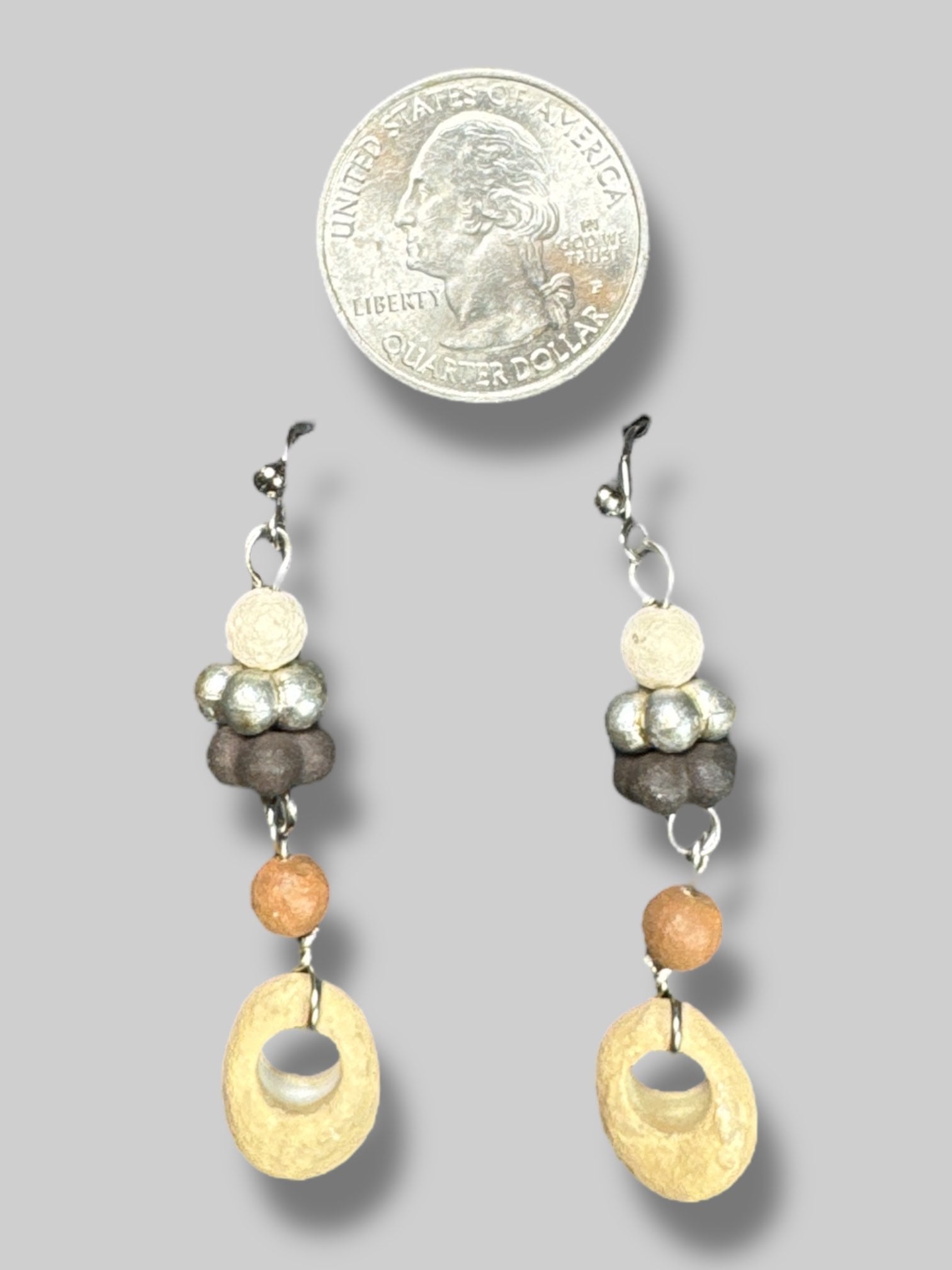 brown, white, tan, and silver beaded dangle earrings