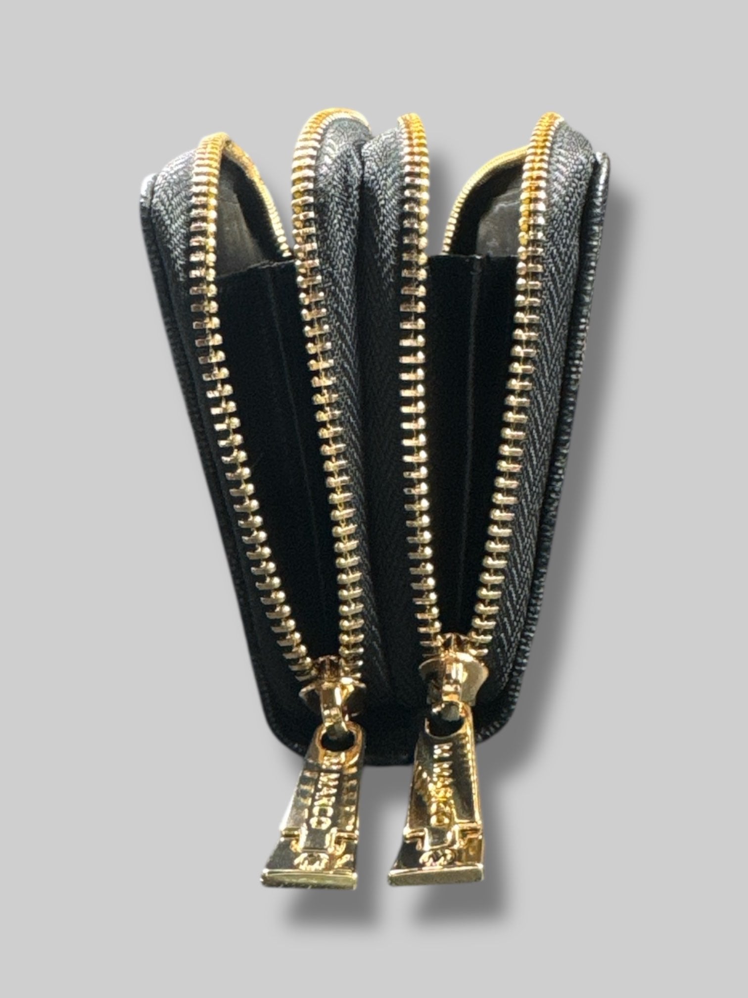 8’ by 4’ NWT M Marco black and gray wallet with gold tone zippers, lots of space, and attachable strap