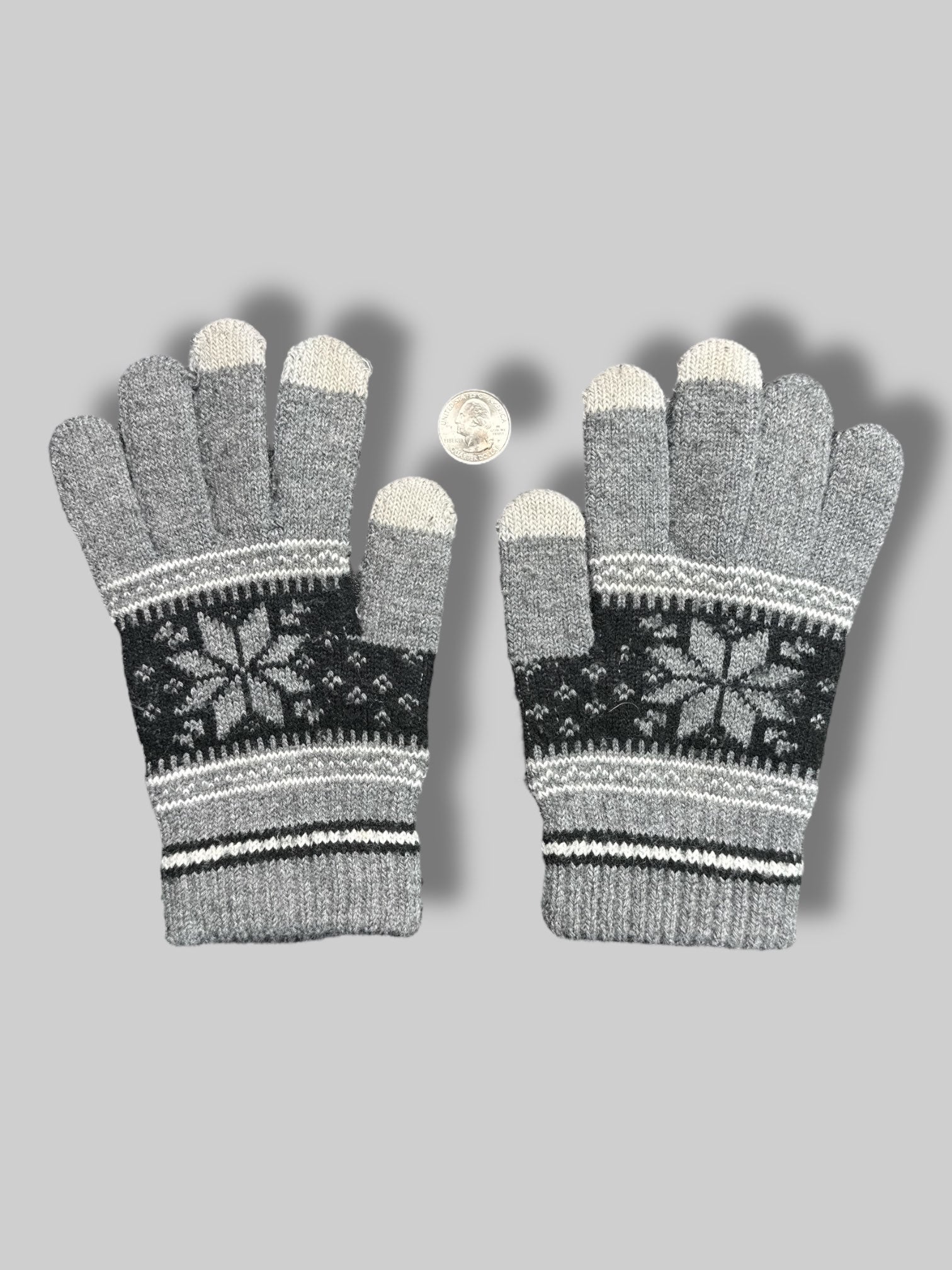 8’ gray, black, and white gloves with snowflakes
