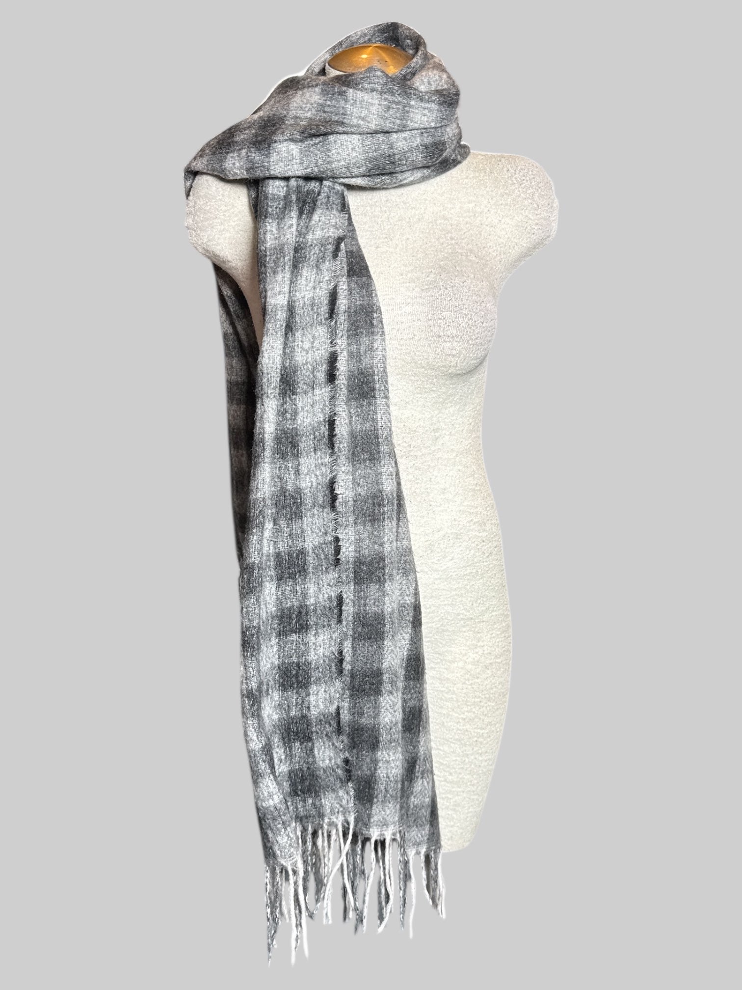 Gray, white, and black checkered flannel scarf with fringe, about 90"