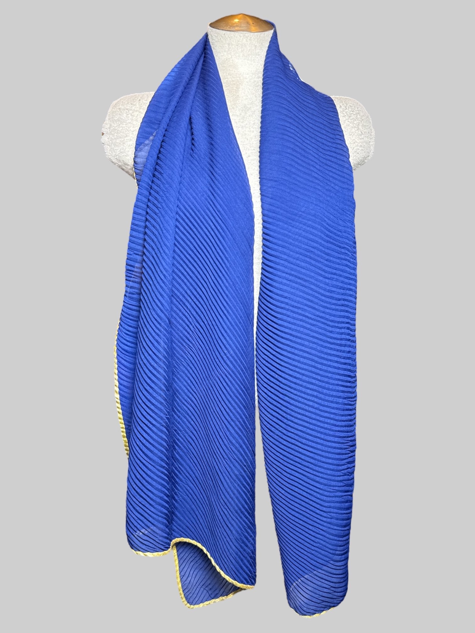 Blue ribbed scarf with gold color hem, about 100" long