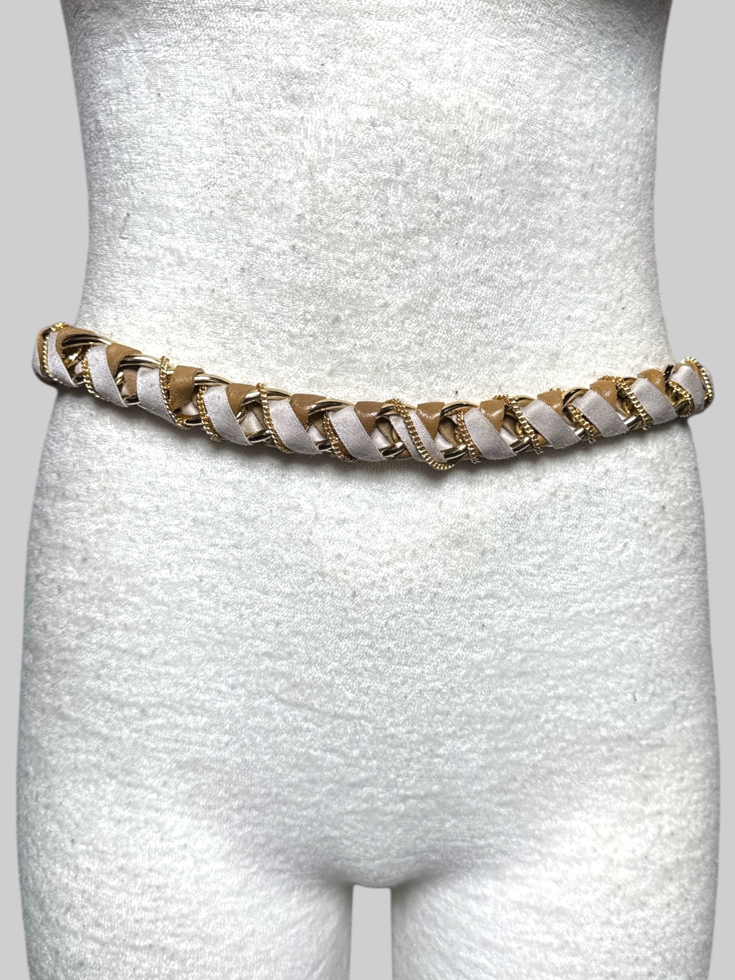 M-4X Gold tone chunky chain, small gold tone chain,  and brown and tan fabric belt with ribbon tie