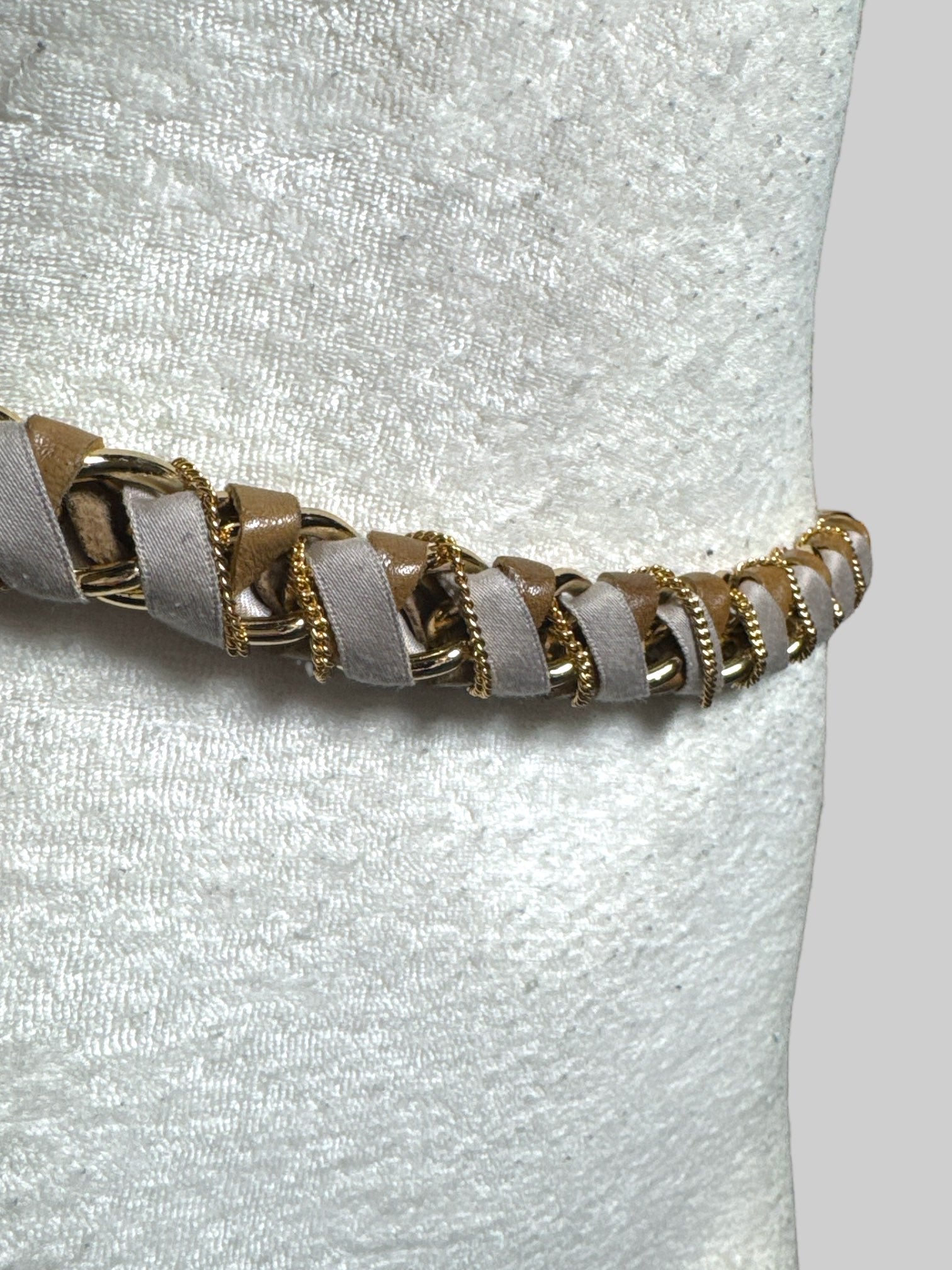 M-4X Gold tone chunky chain, small gold tone chain,  and brown and tan fabric belt with ribbon tie