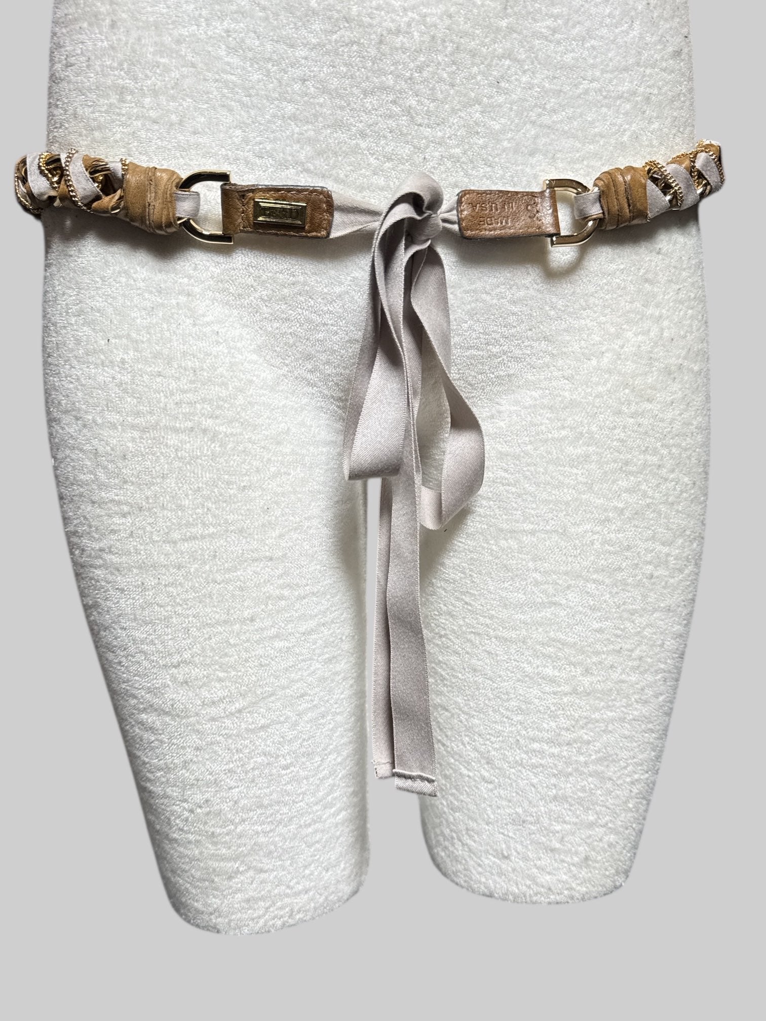 M-4X Gold tone chunky chain, small gold tone chain,  and brown and tan fabric belt with ribbon tie