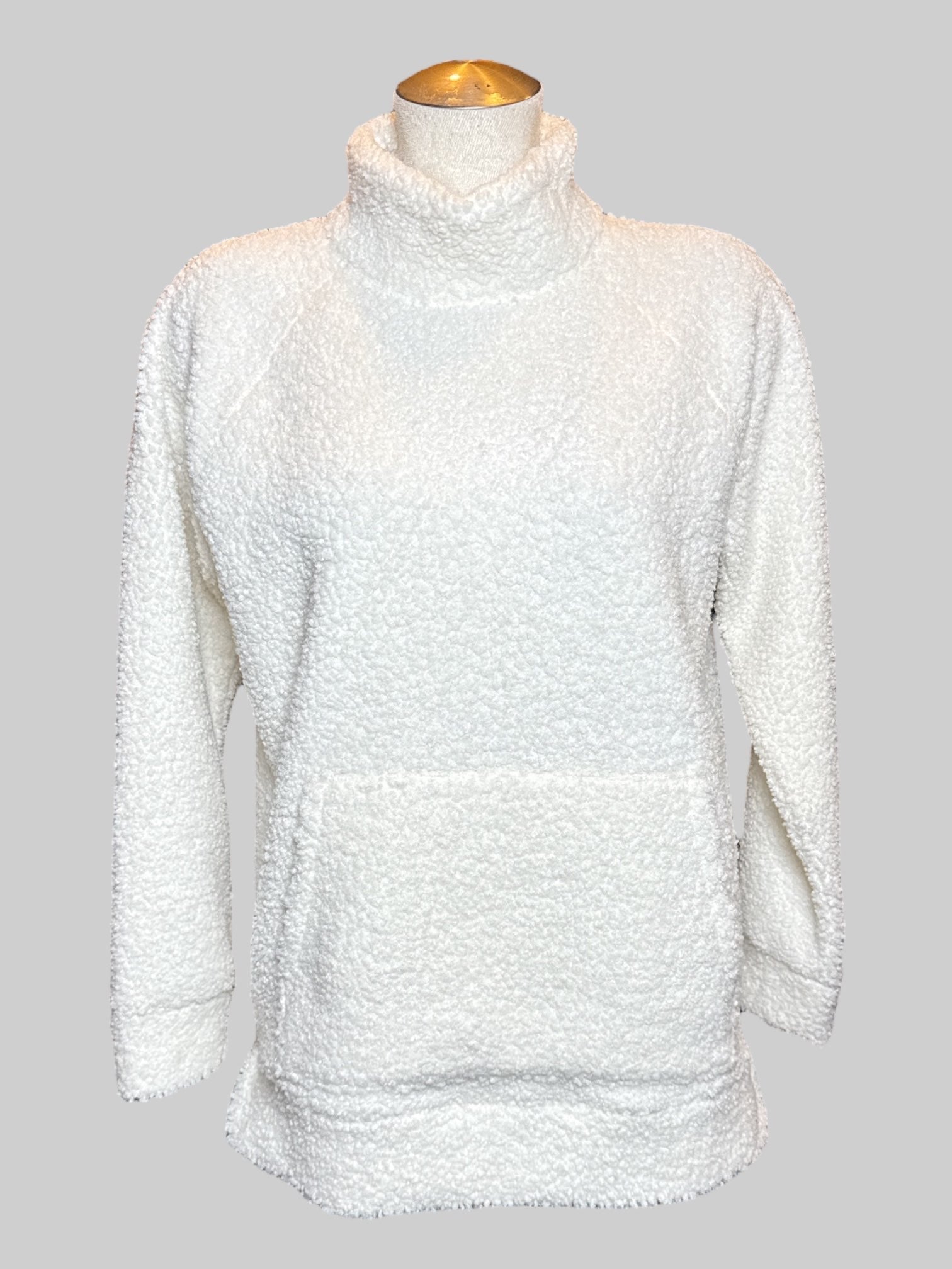 S Haven Well Within white fluffy pullover sweater with front large pocket, and mock neck