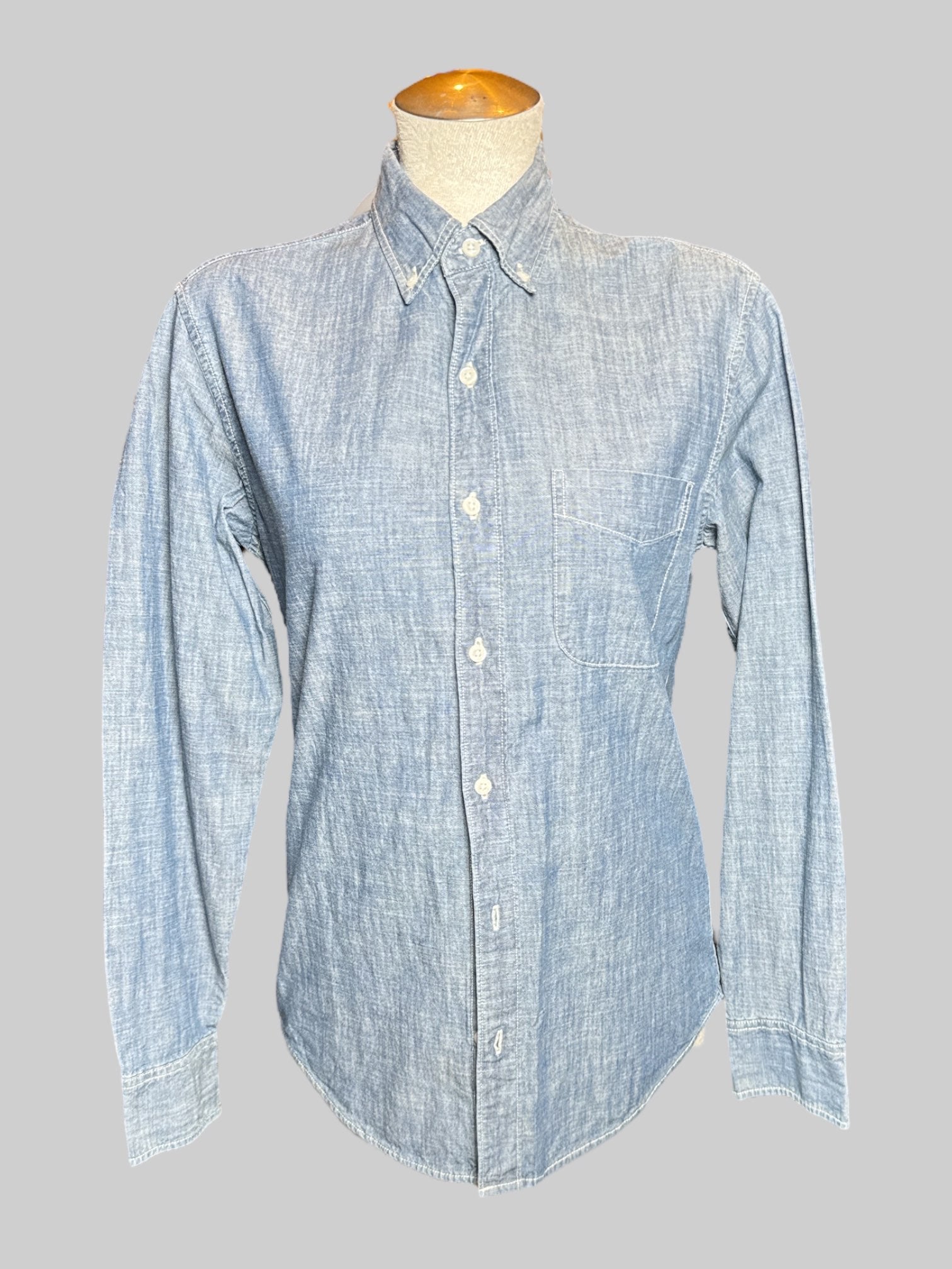 M J Crew Jeans blue denim button down top with front chest pocket, and hand embroidered design on back