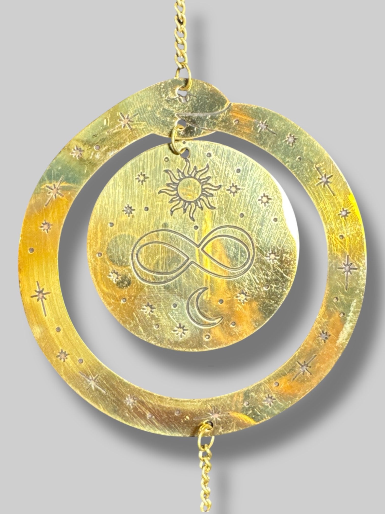 NWT 15.5’ long brass sun catcher with moons, beads, and celestial engraving