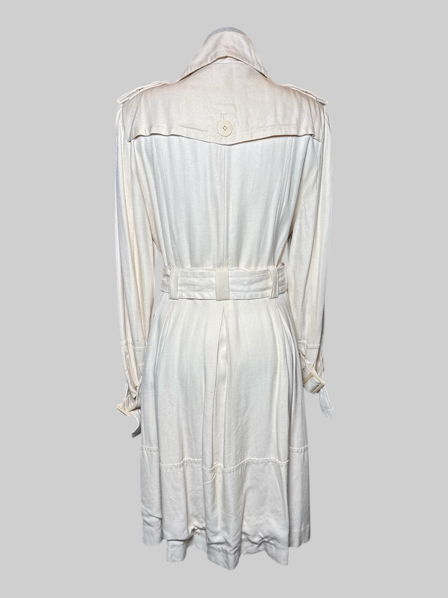 L Life After Denim off white double breasted French coat with belt, buckle on neck, pockets, and decorative buckles all over