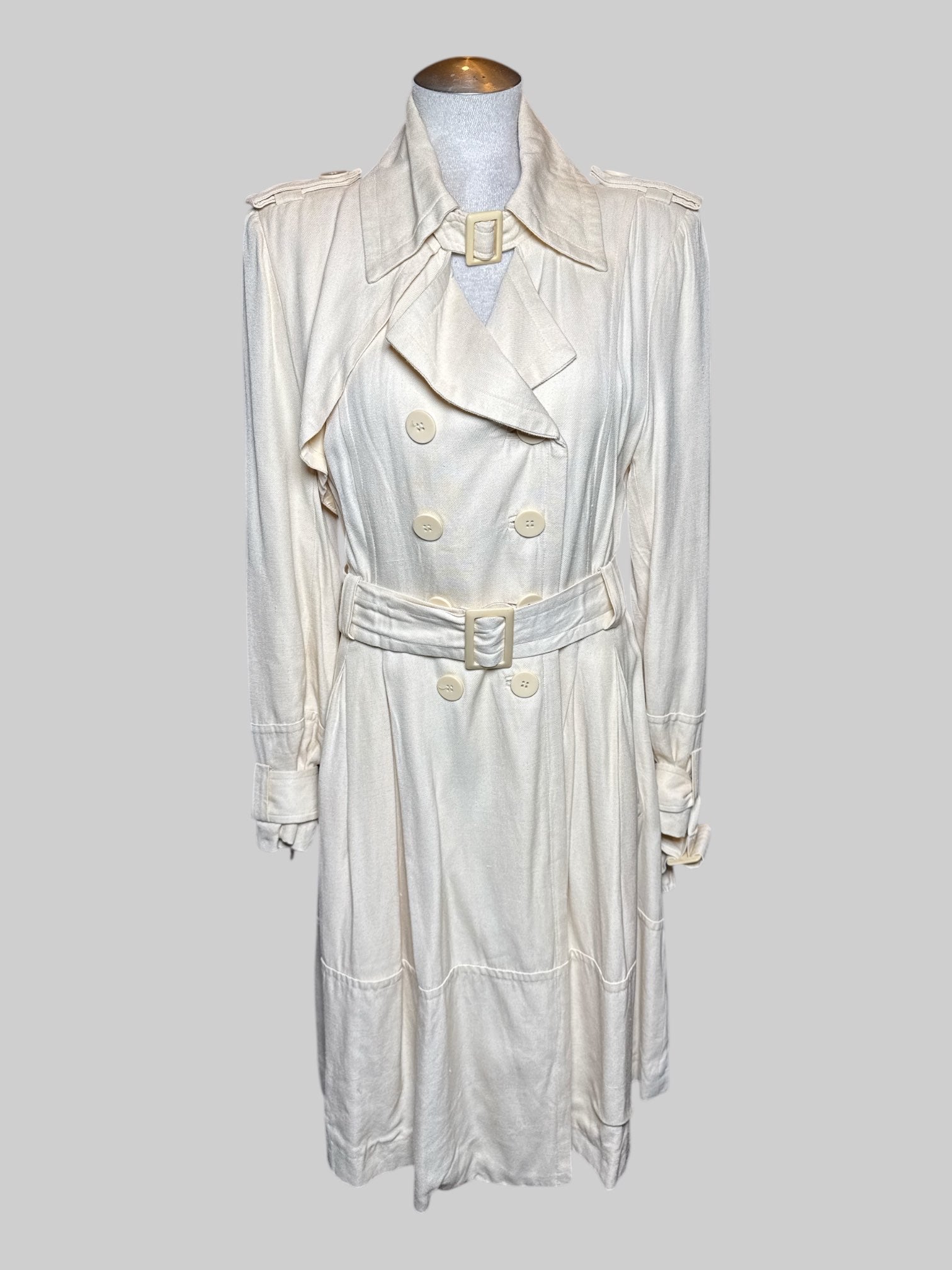 L Life After Denim off white double breasted French coat with belt, buckle on neck, pockets, and decorative buckles all over