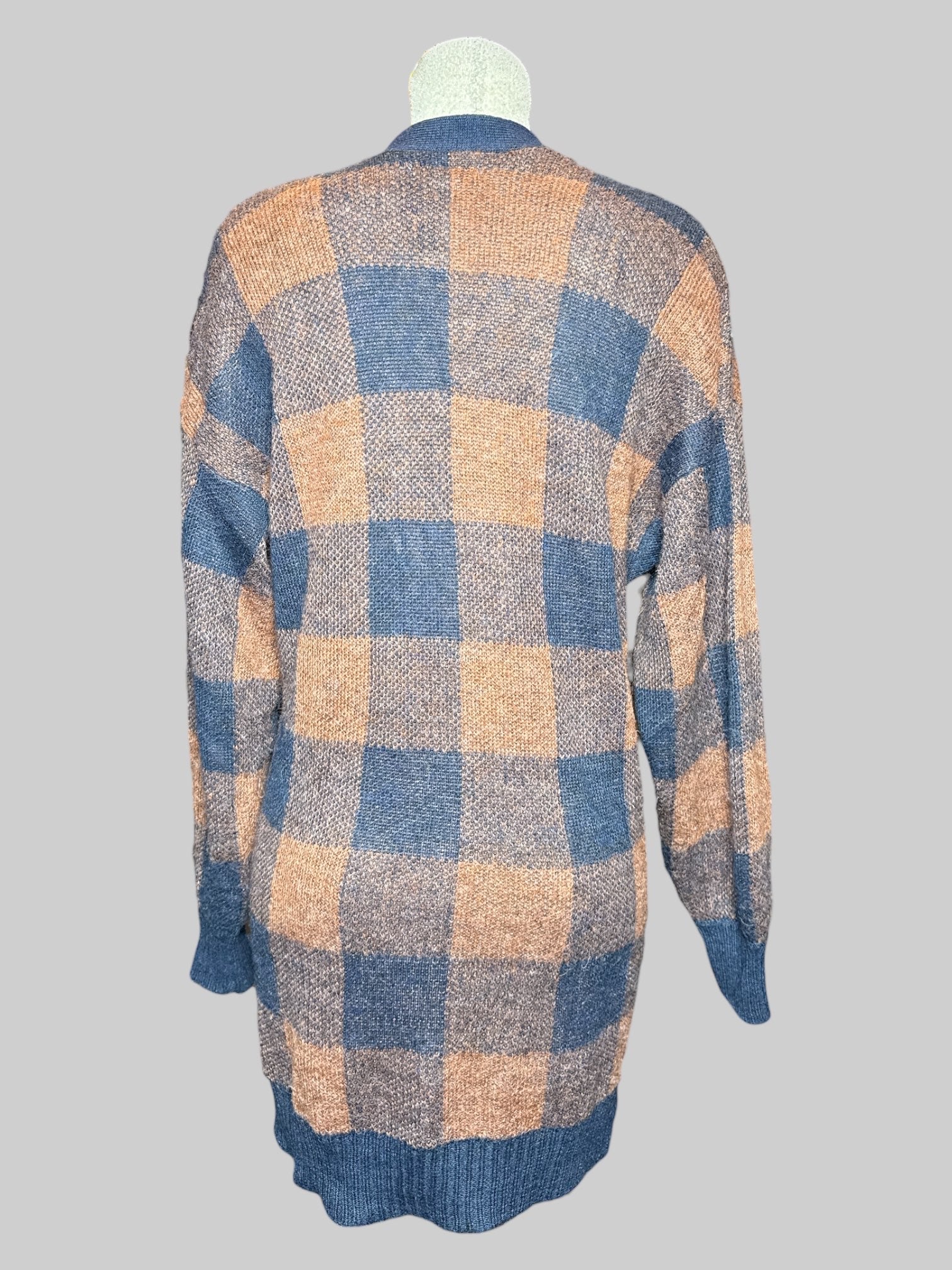 L American Eagle navy blue & dark orange plaid knit cardigan with pockets