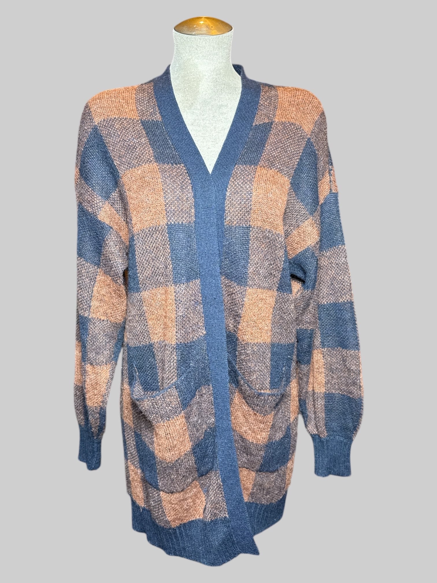 L American Eagle navy blue & dark orange plaid knit cardigan with pockets