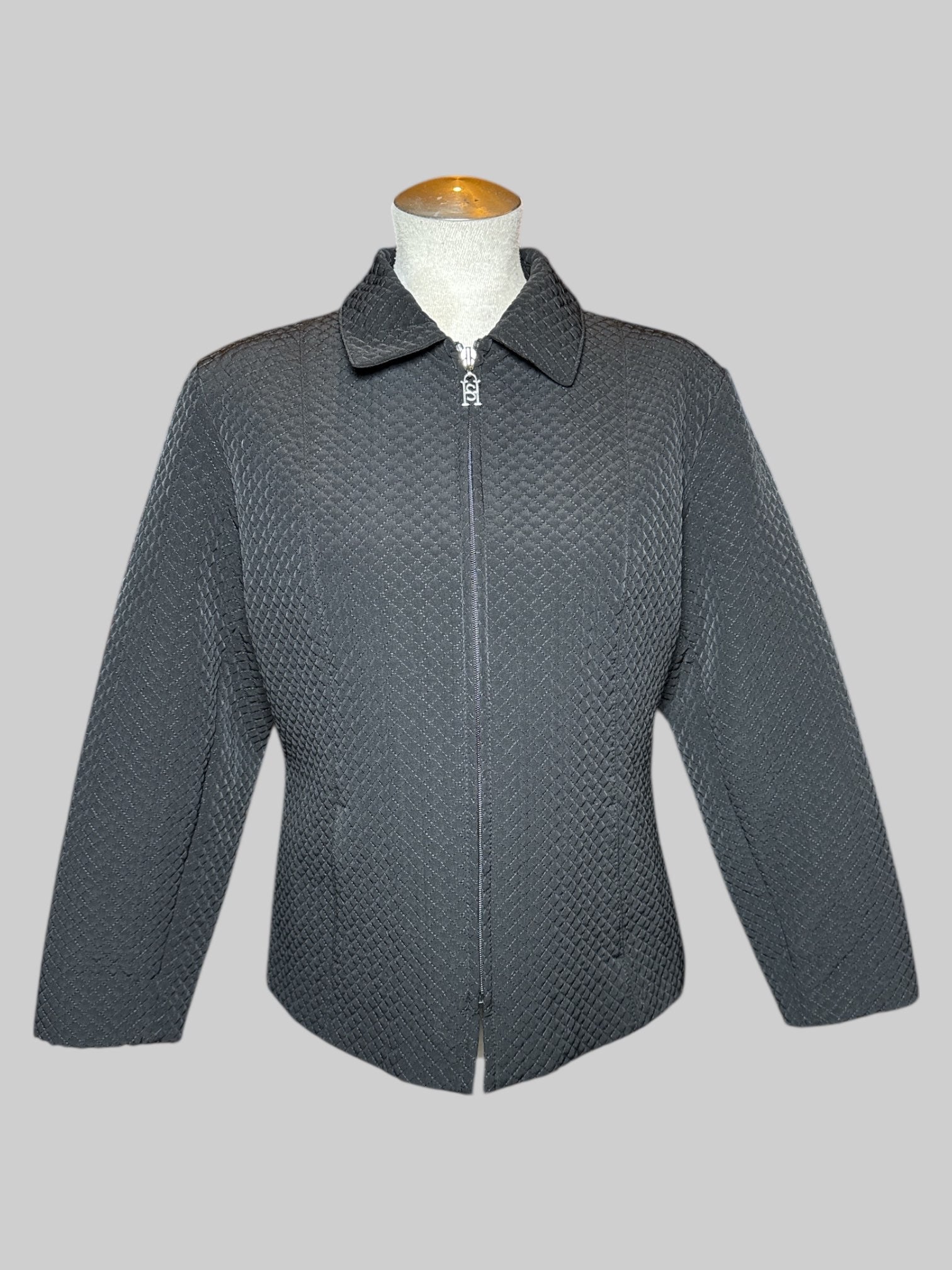 M Sport Haley black zip up jacket with quilted pattern, collar, and pockets