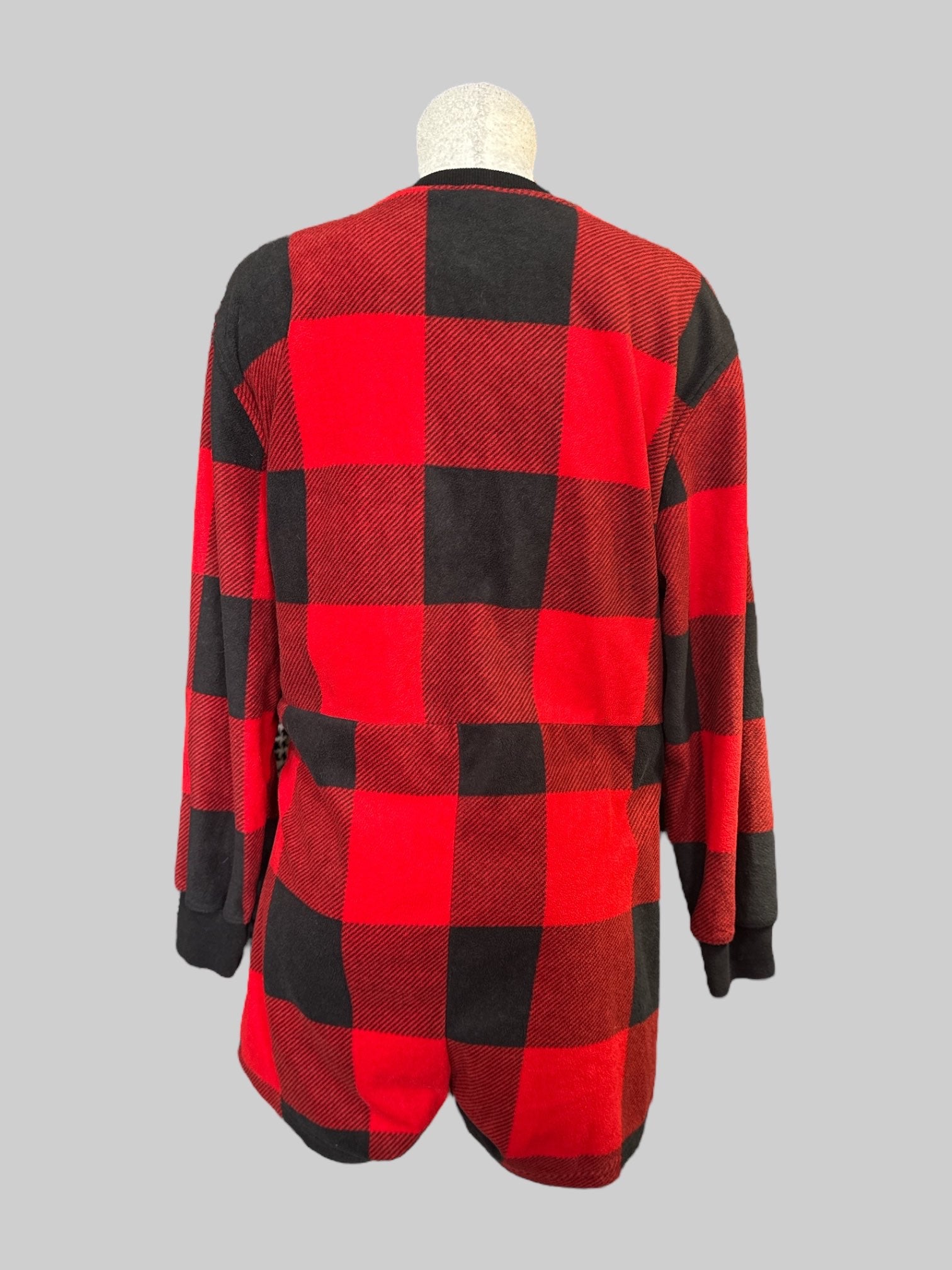 XL Old Navy black and red plaid fleece romper with buttons