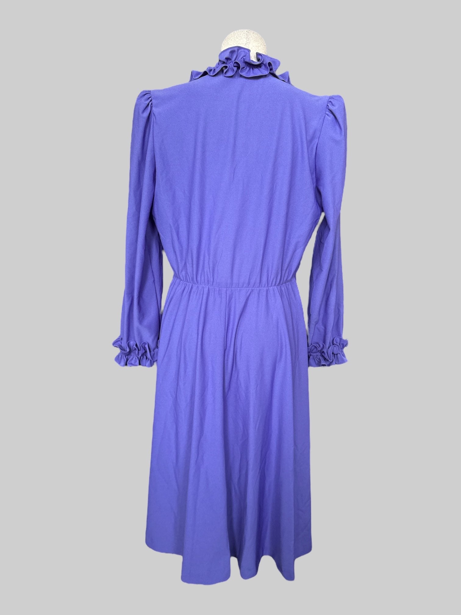 XL Lorac Original vintage purple puffed shoulder, long sleeve midi dress with ruffled v-neck and sleeve cuff detail
