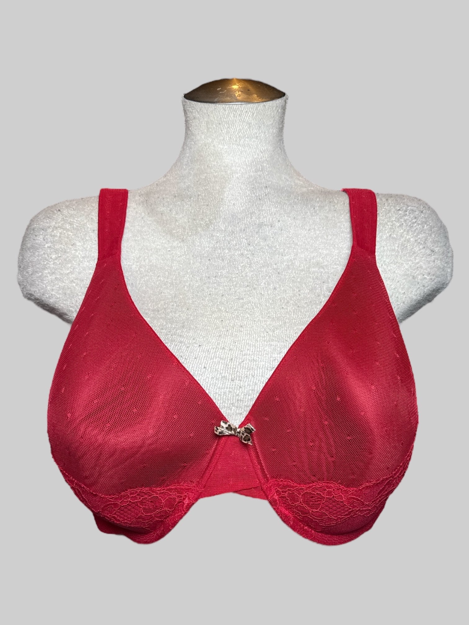 0X Ambrielle red lacey bra with cheetah print bow size 42DD