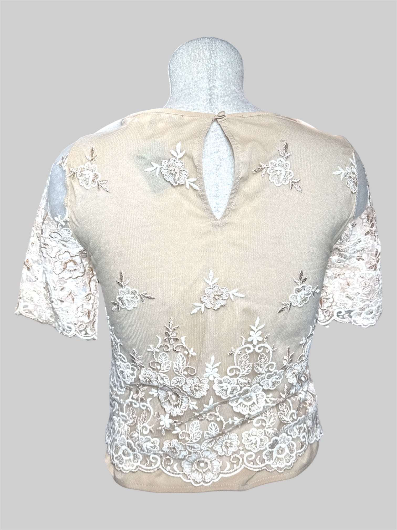 S LC Lauren Conrad Runway tan color short sleeve blouse with mesh overall,  white and gold floral embroidery, and keyhole back