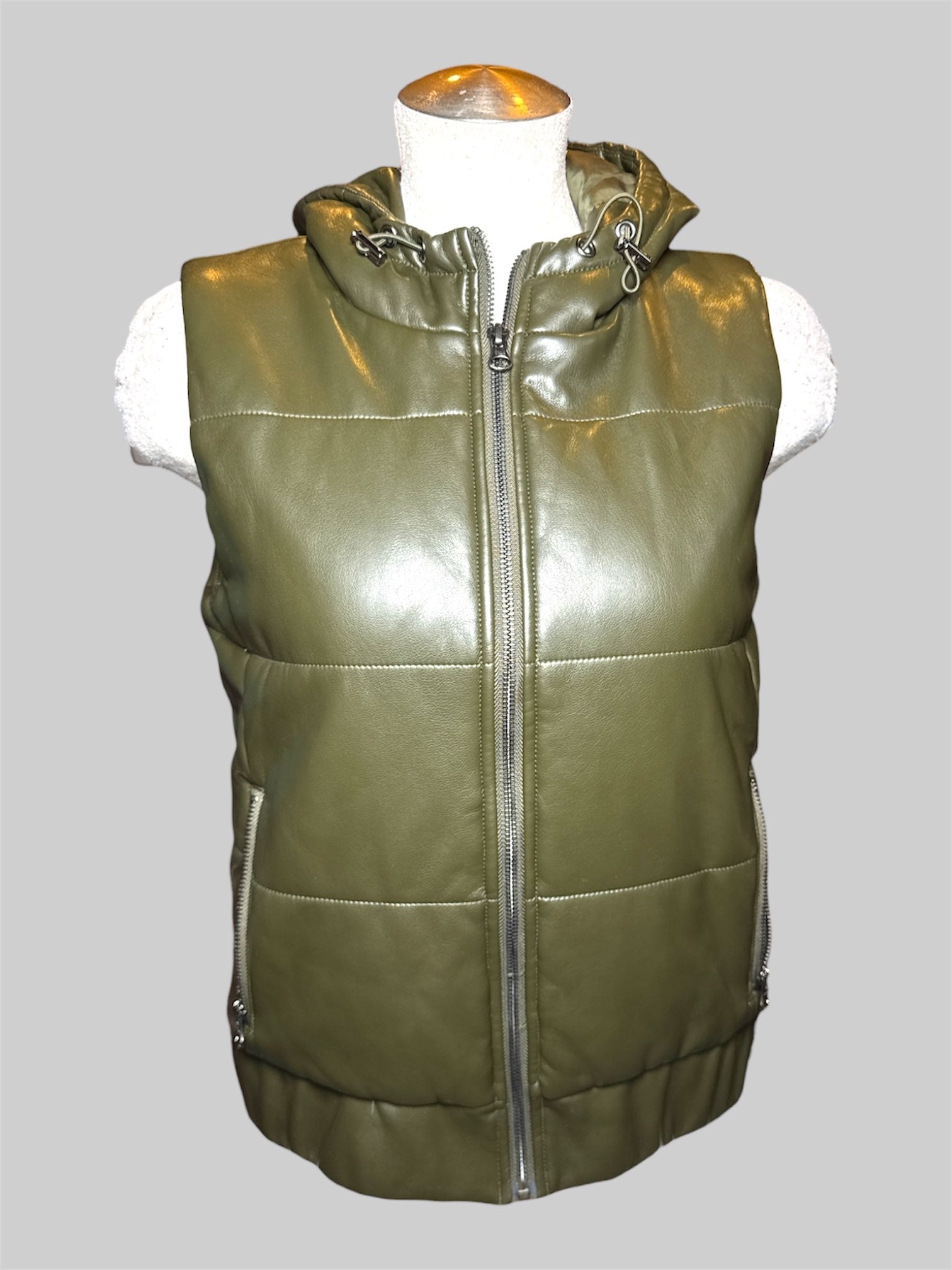 S j.society green pleather vest with hood and zipper