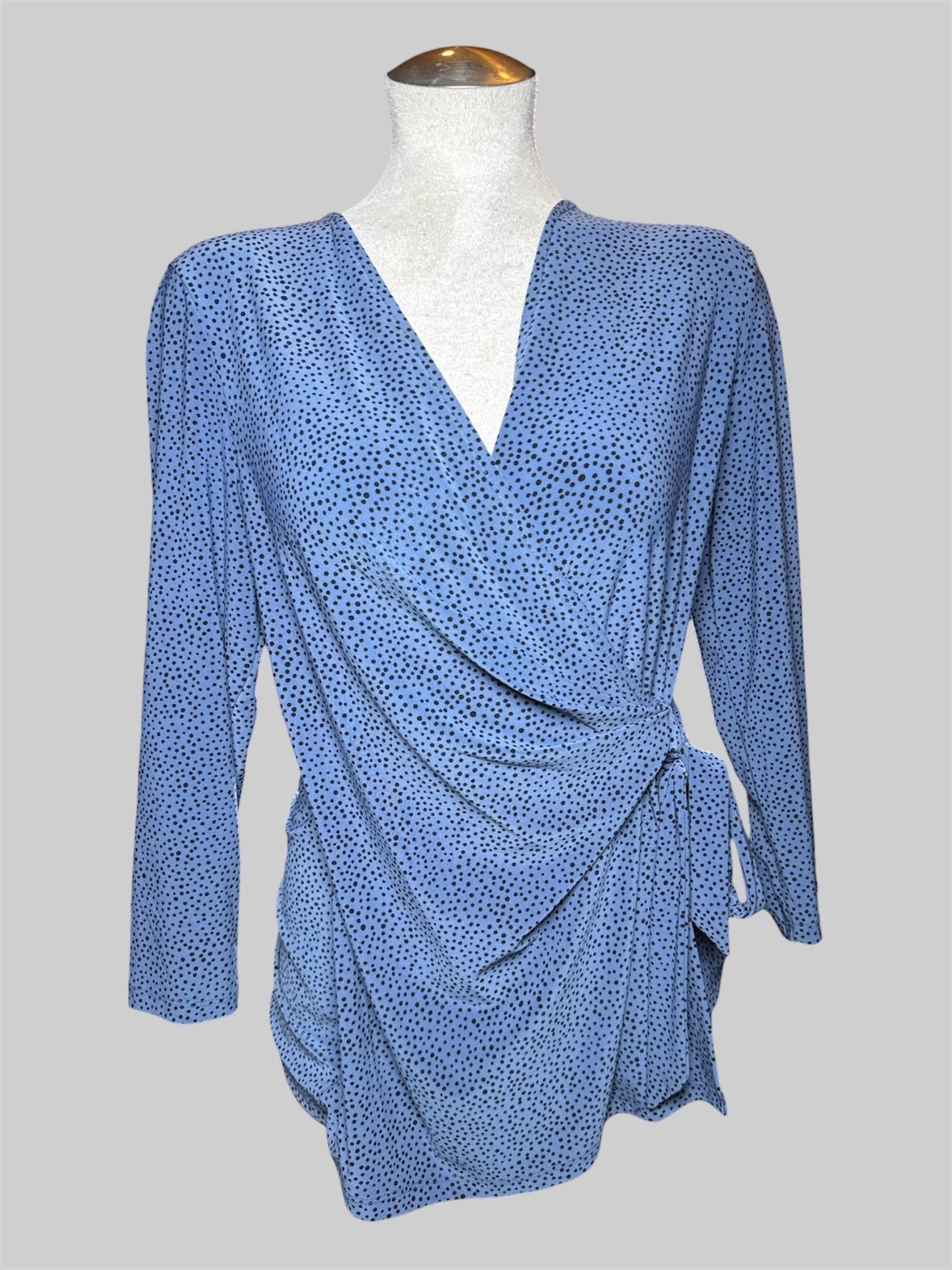 L Anne Klein blue faux wrap long sleeve blouse  with black spots