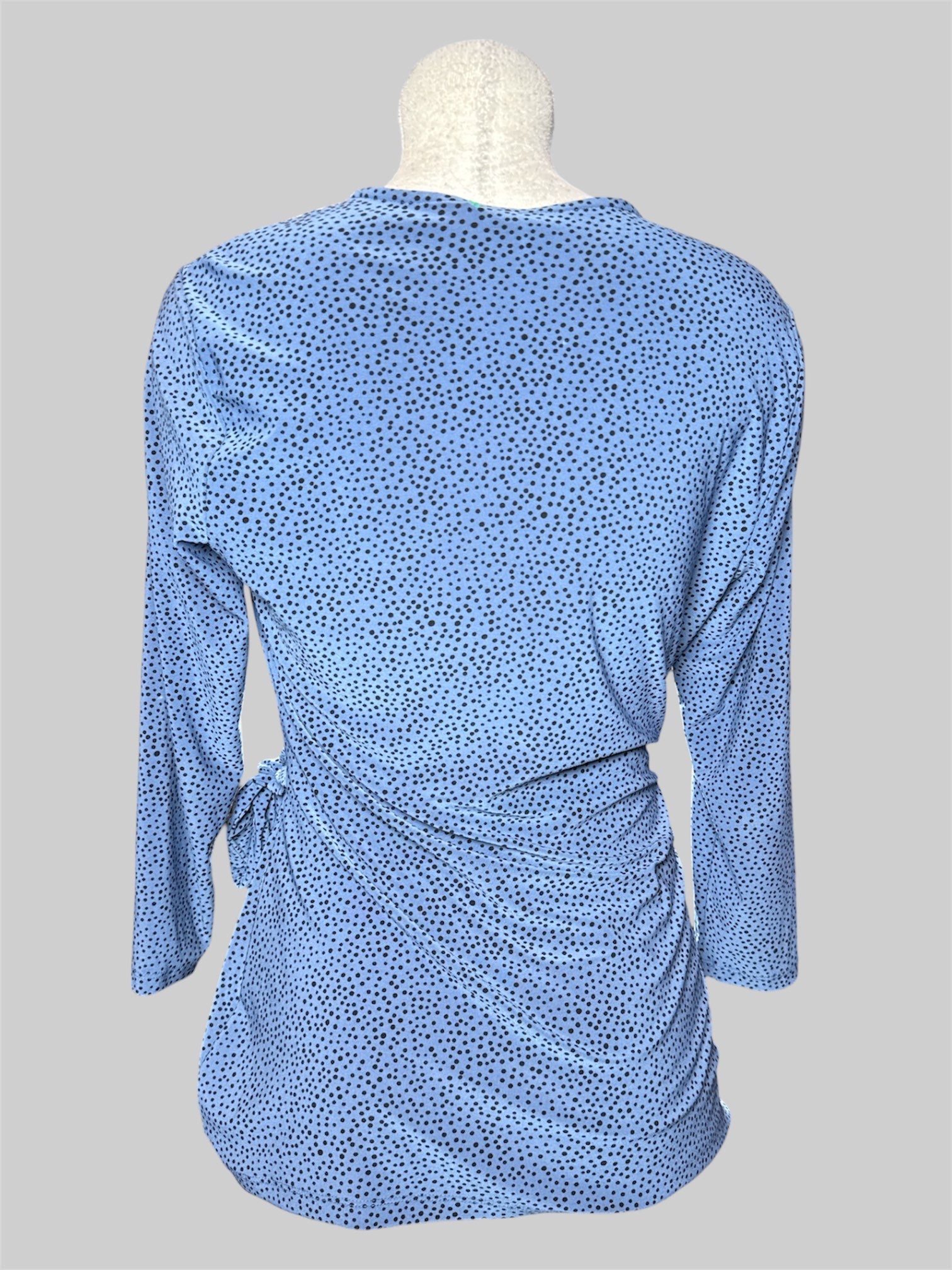 L Anne Klein blue faux wrap long sleeve blouse  with black spots