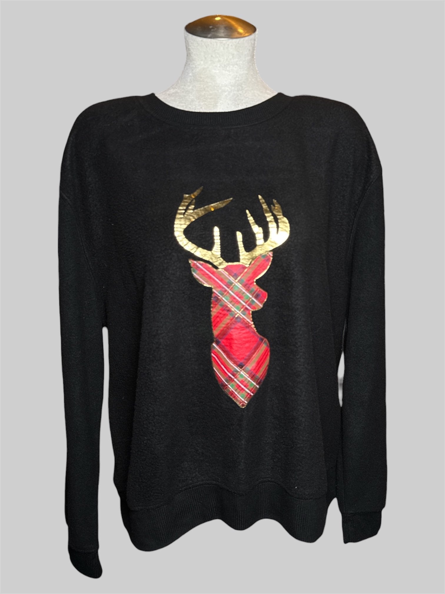 0X No Boundaries black sherpa texture sweater with plaid and gold deer