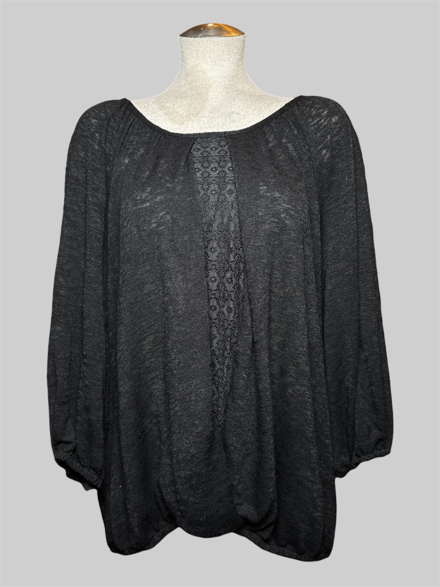 0X Style&Co. NWT sheer black long sleeve blouse with ballon sleeves and hem and lace details