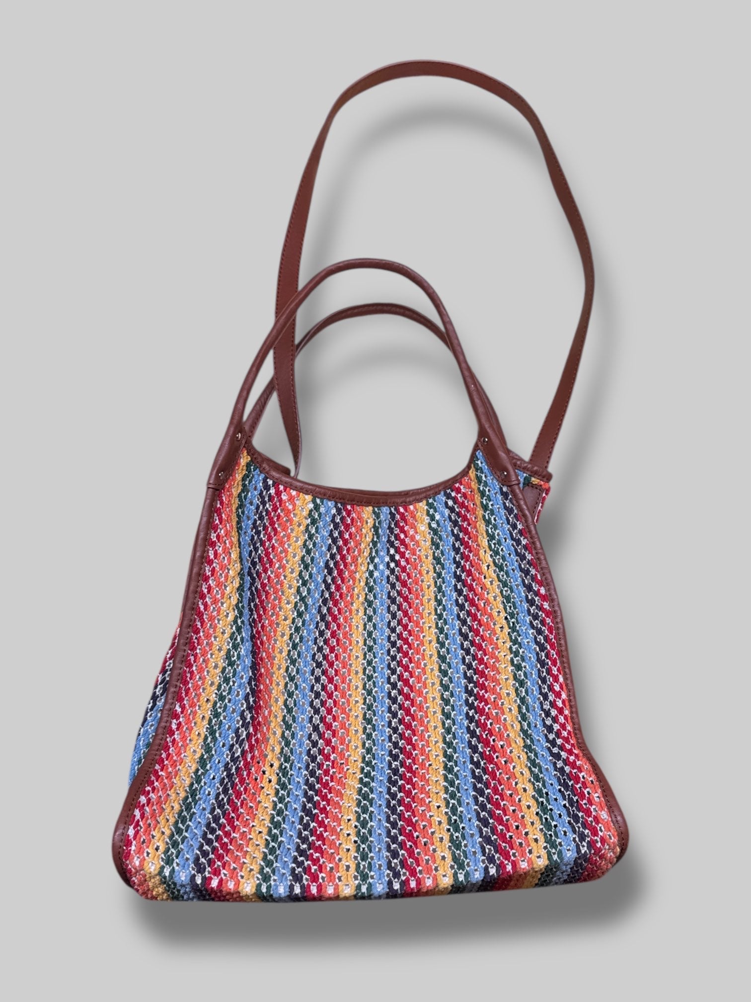 Rag & Bone Summer Passenger Tote made of multicolored crochet-knit recycled cotton with brown leather trim