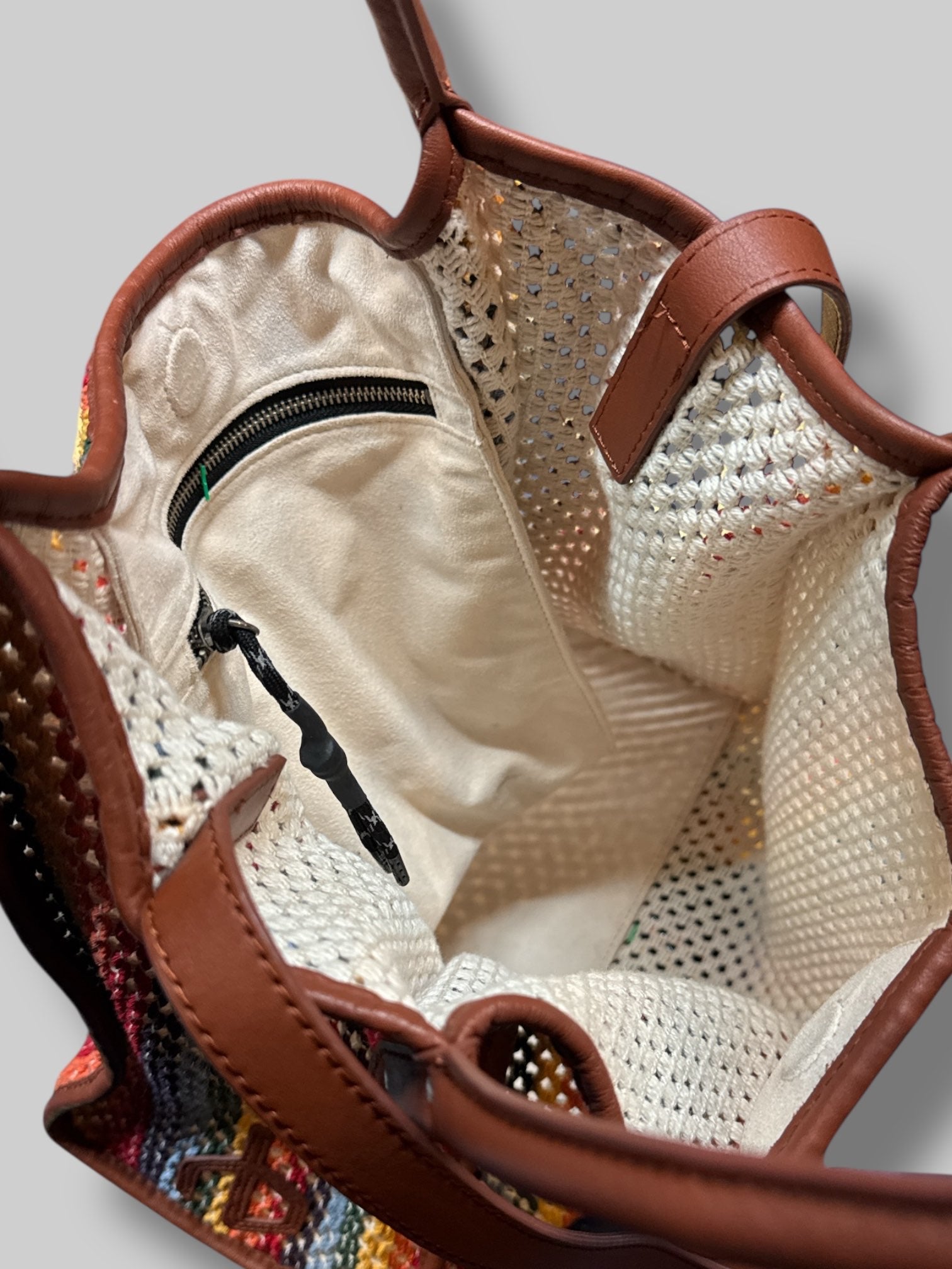 Rag & Bone Summer Passenger Tote made of multicolored crochet-knit recycled cotton with brown leather trim
