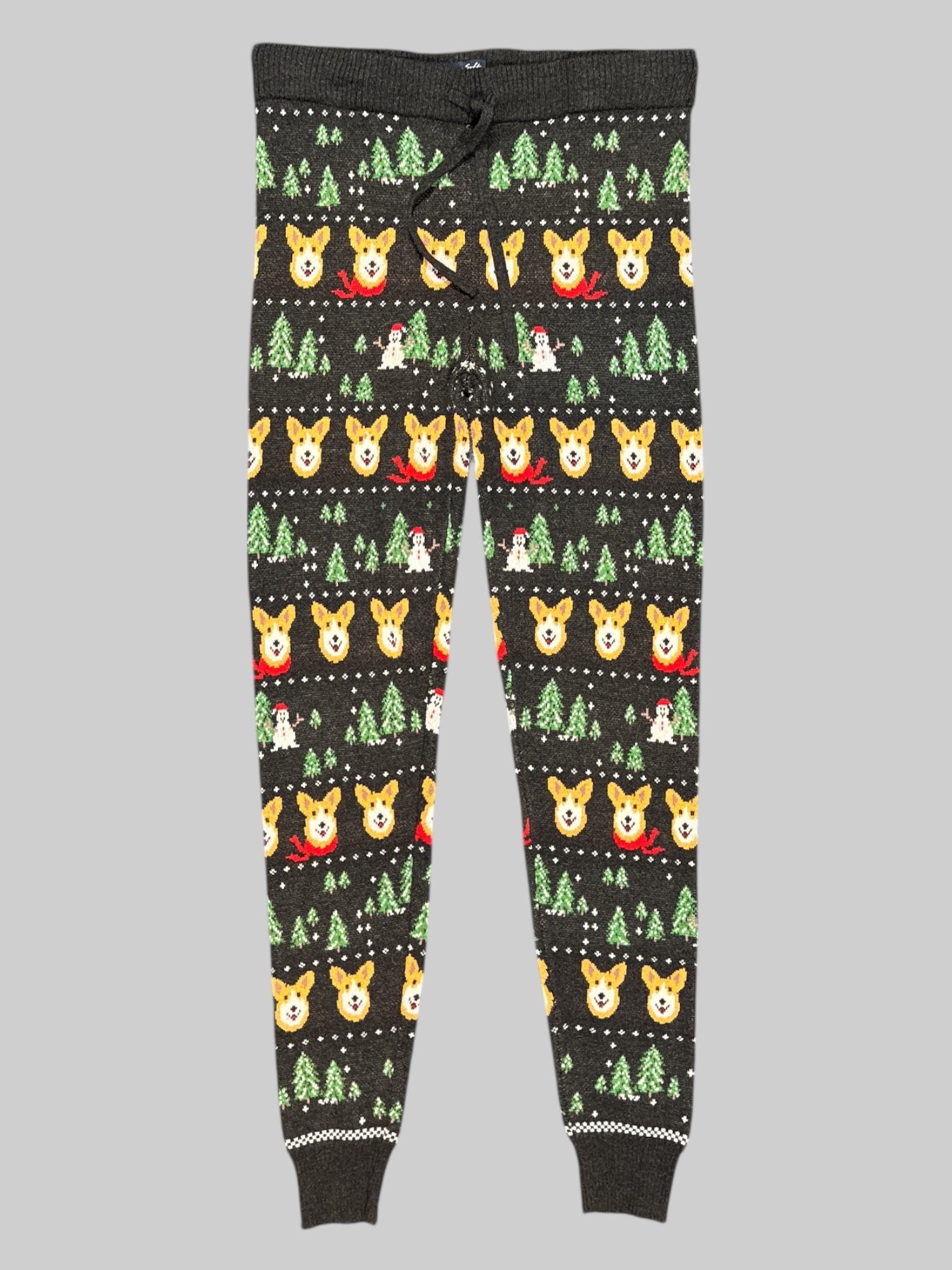 M American Eagle Outfitters black sweatpants with cute corgi winter scene pattern and drawstring waist