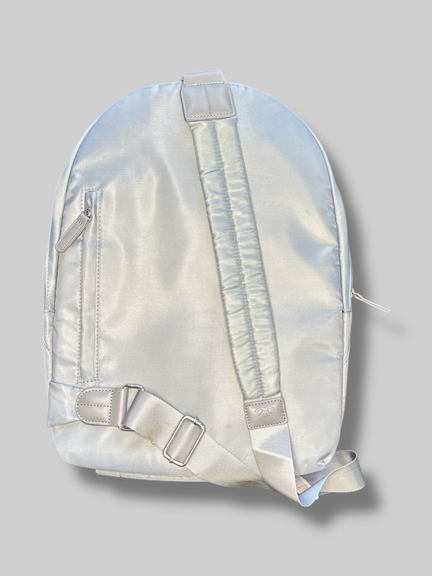 Francine Collections Silver lightly padded laptop backpack with one adjustable strap and many zipper pockets