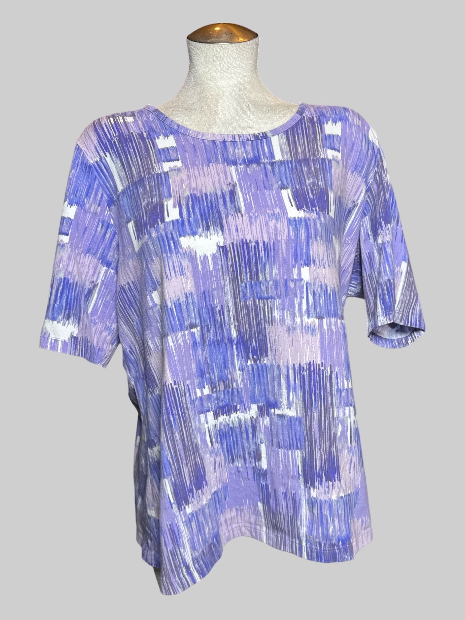 2X D&CO. abstract purple, white, and blue patterned t shirt