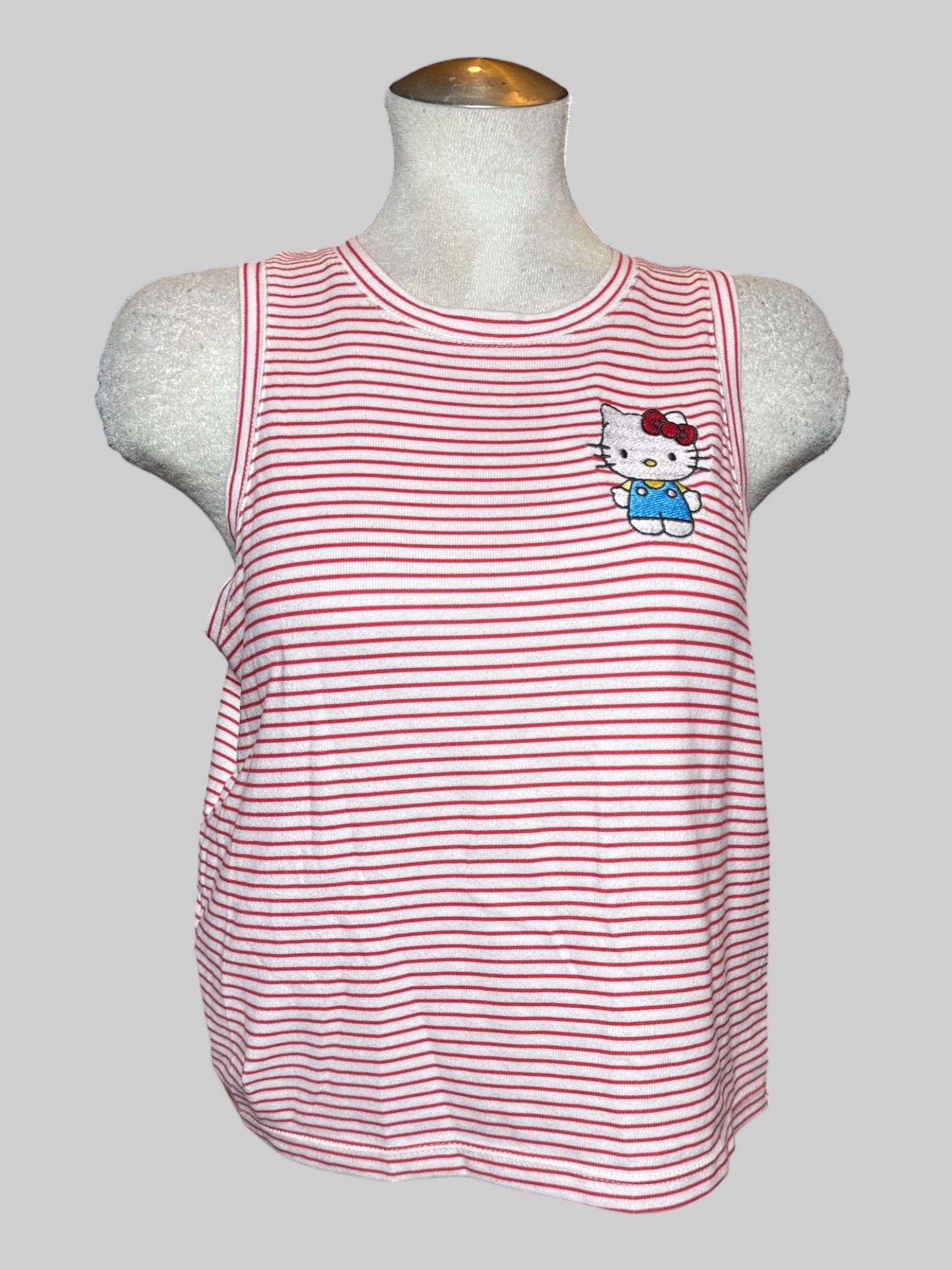 XL Hello Kitty and Friends red and white striped sleeveless top with hello kitty embroidered