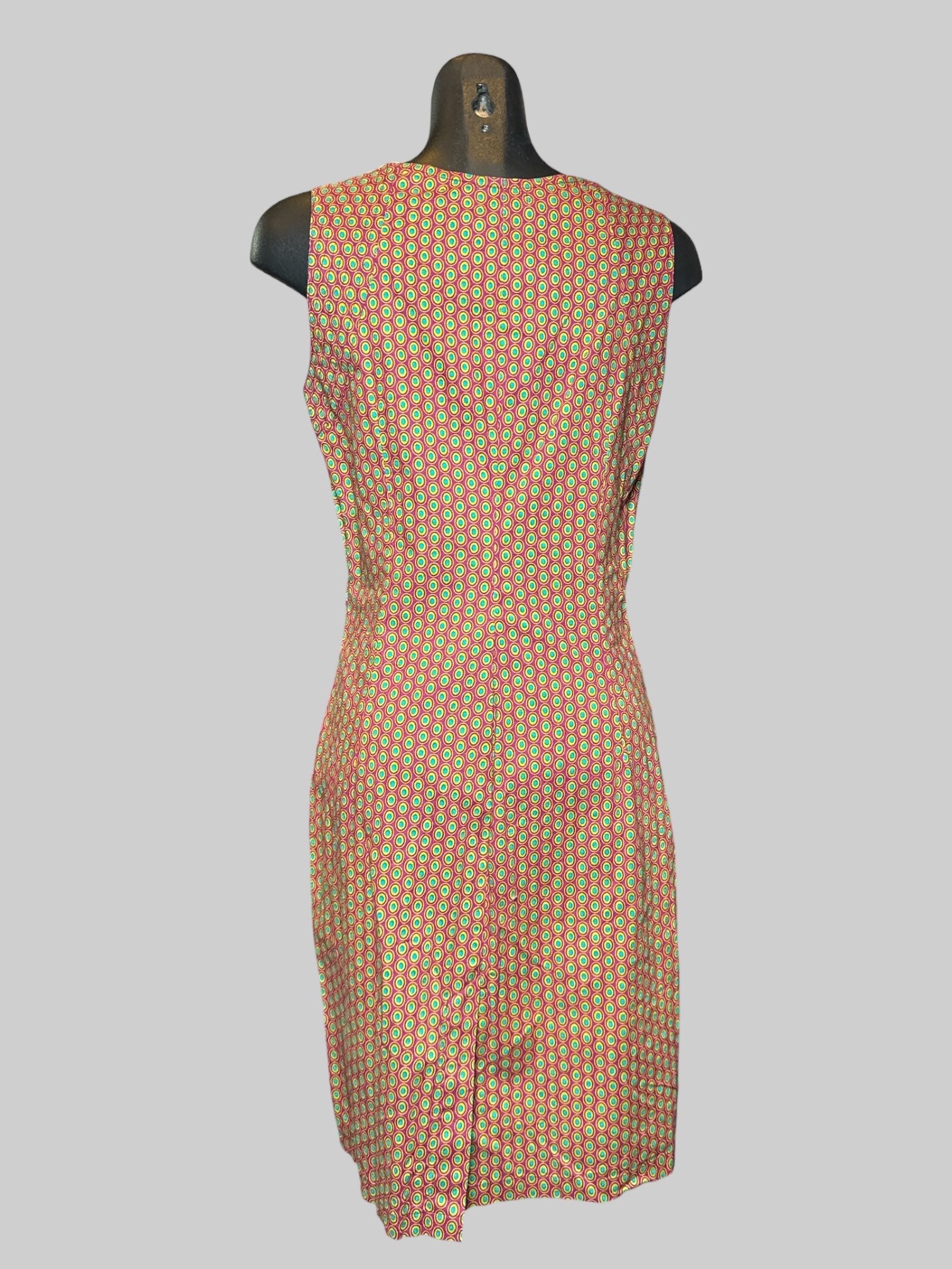 M Aleeza purplish sleeveless dress with orange, green, and blue geometric pattern, and zipper