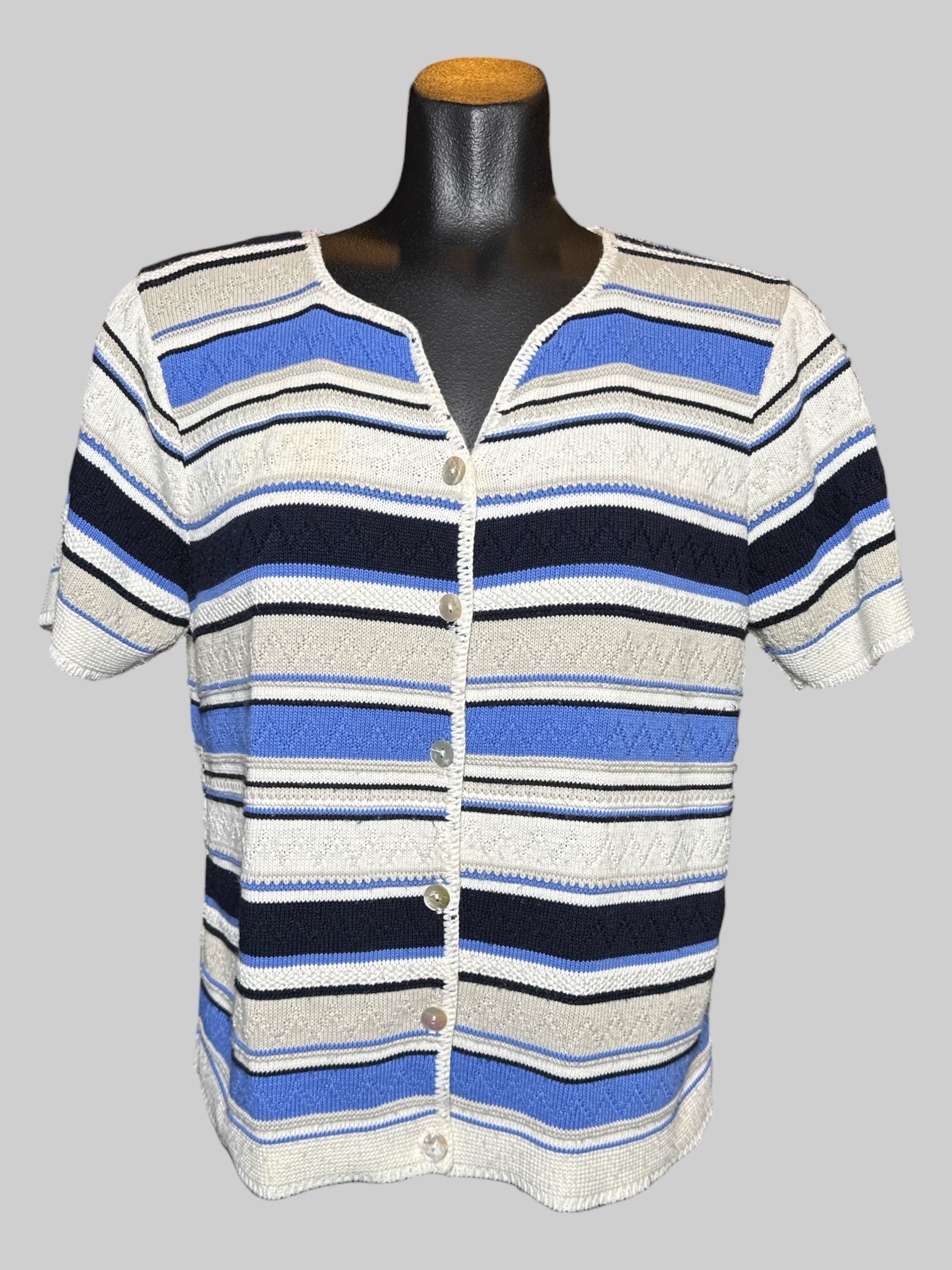 L Classic Elements vintage white, gray, brown, and blue striped knit short sleeve cardigan