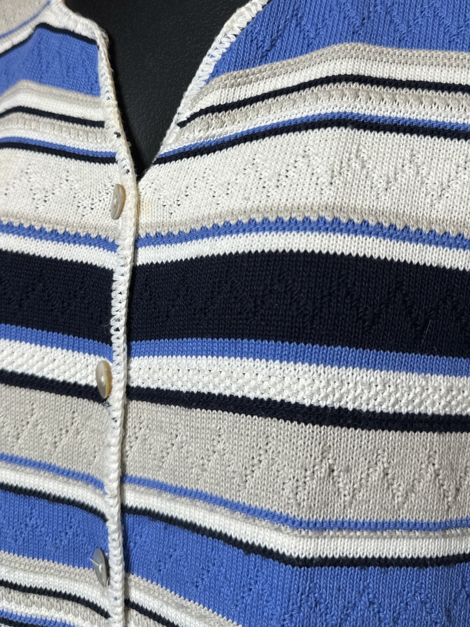 L Classic Elements vintage white, gray, brown, and blue striped knit short sleeve cardigan