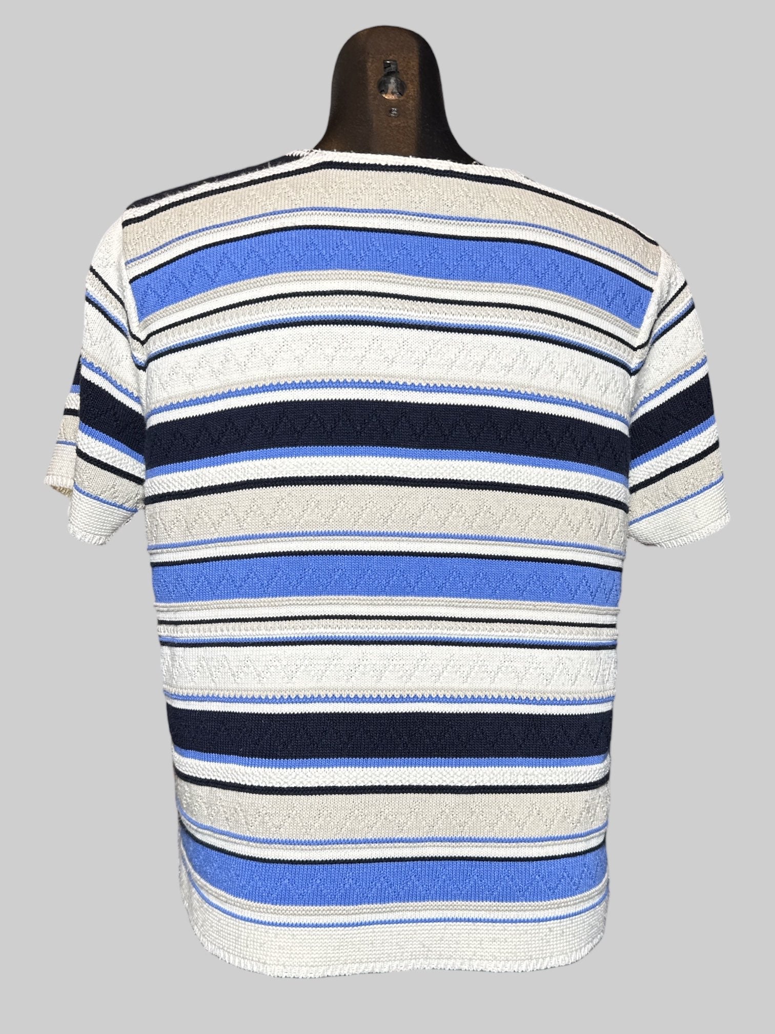 L Classic Elements vintage white, gray, brown, and blue striped knit short sleeve cardigan