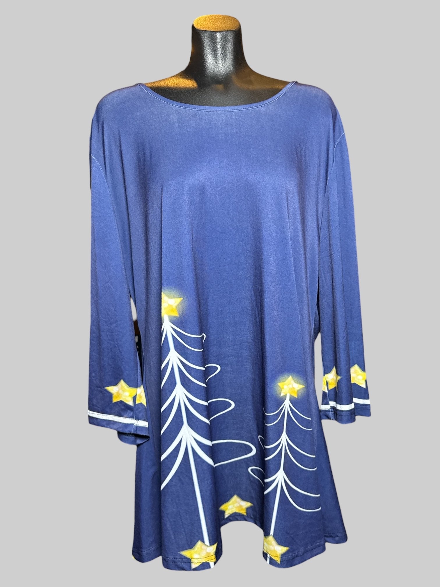 2X Lily by Firmiana navy blue tunic style blouse with white trees and yellow stars