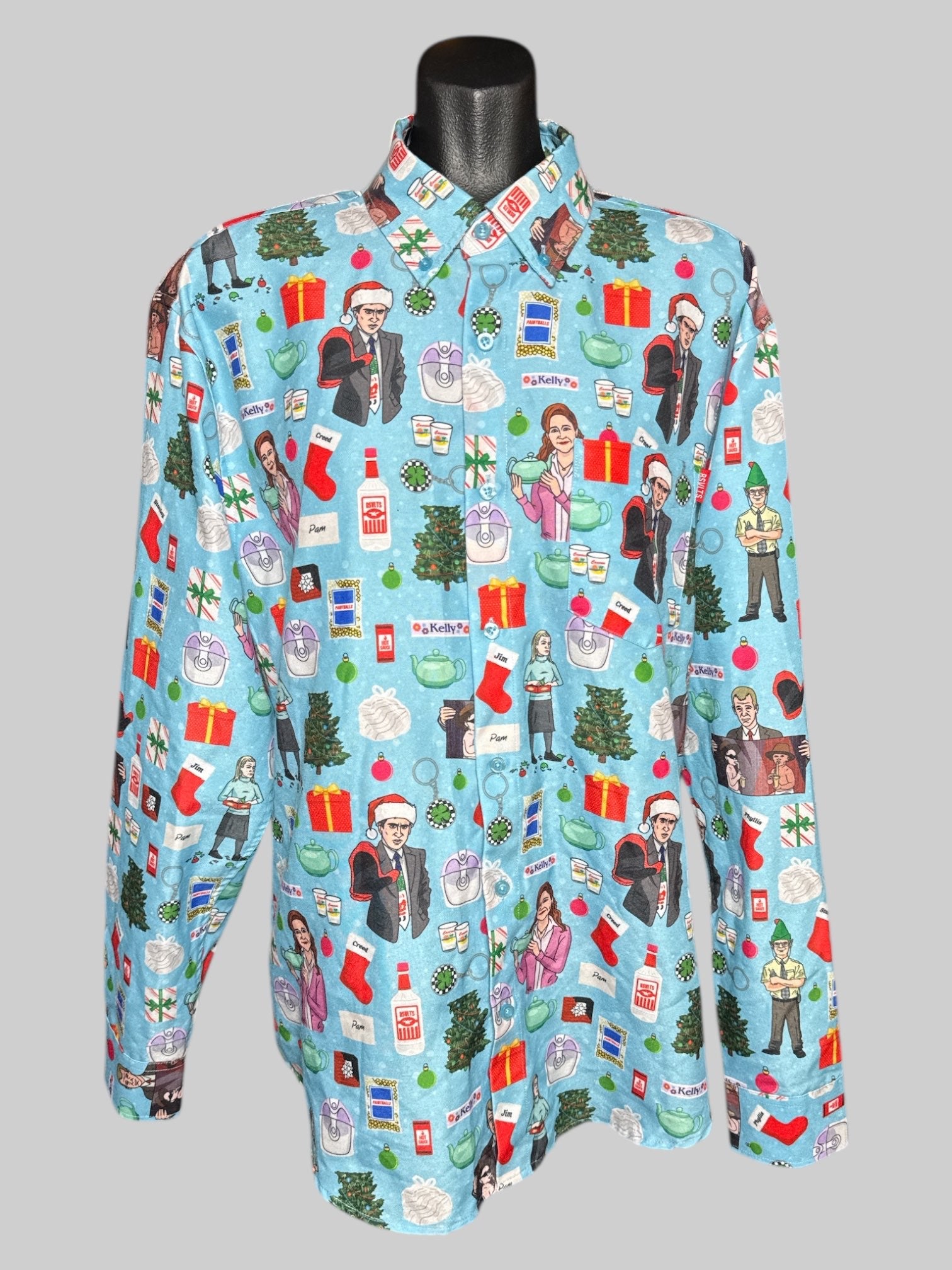XL The RSVLTS “The Office” Christmas party themed button down top with chest pocket