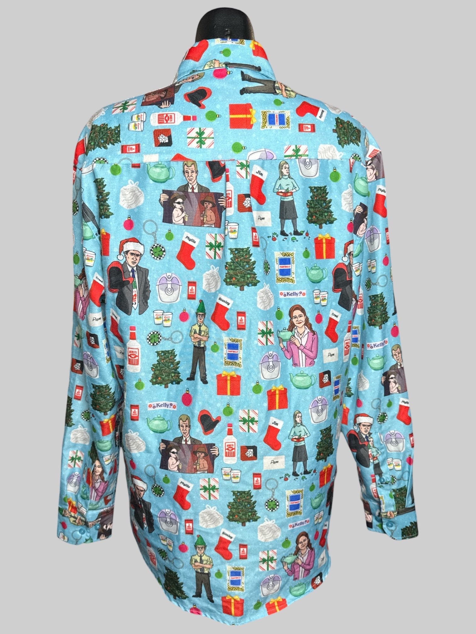 XL The RSVLTS “The Office” Christmas party themed button down top with chest pocket
