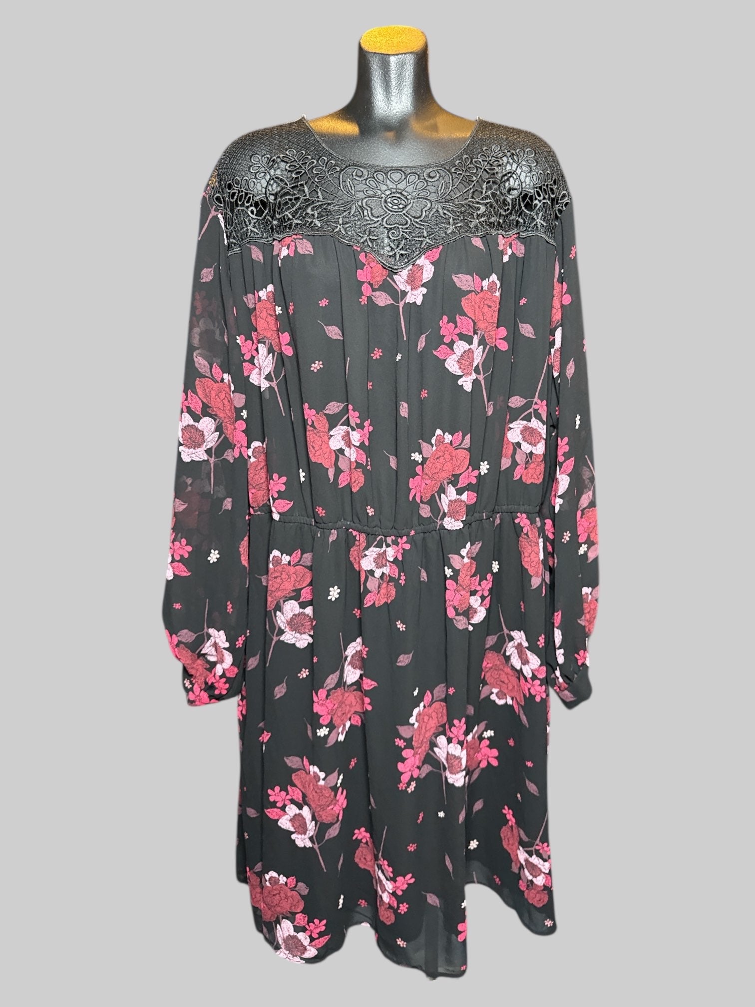 5X East Adeline black long sleeve dress with black embroidered neckline, pink florals, and ties on sleeves