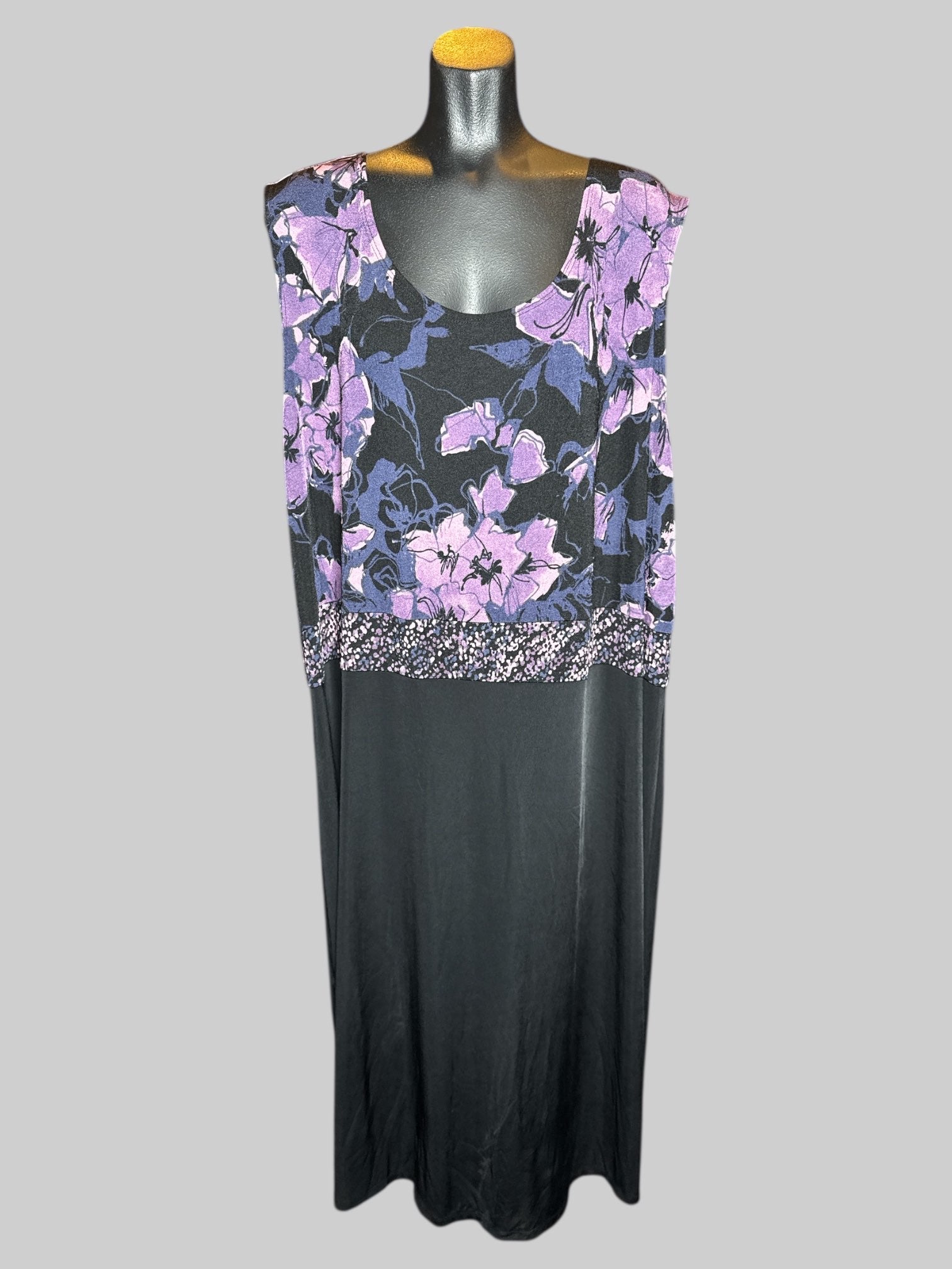 6X vintage Anna Maxwell black sleeveless dress with purple florals design