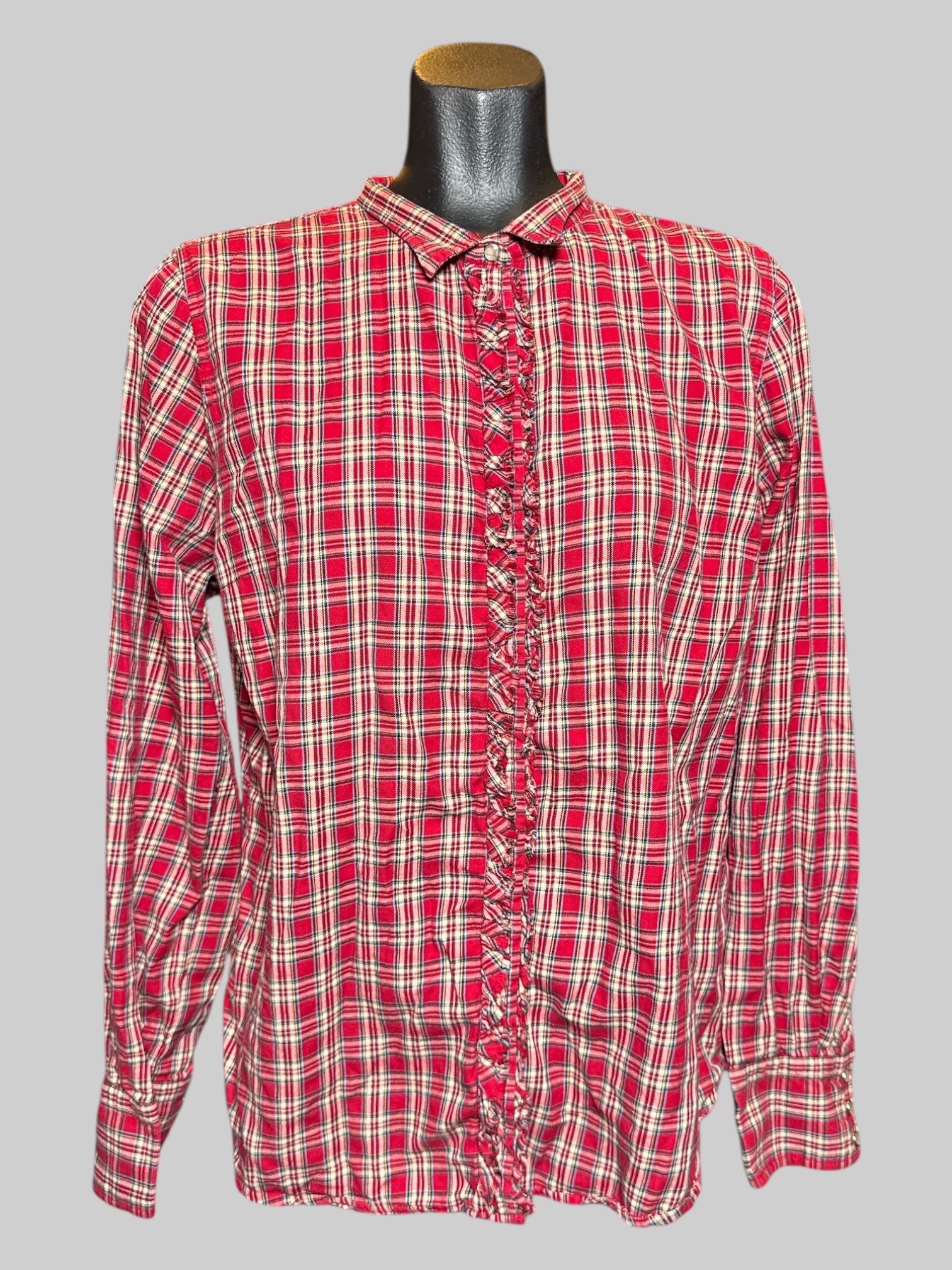 XL J.Crew red, yellow, white, green, and blue plaid button up with ruffles and snap buttons