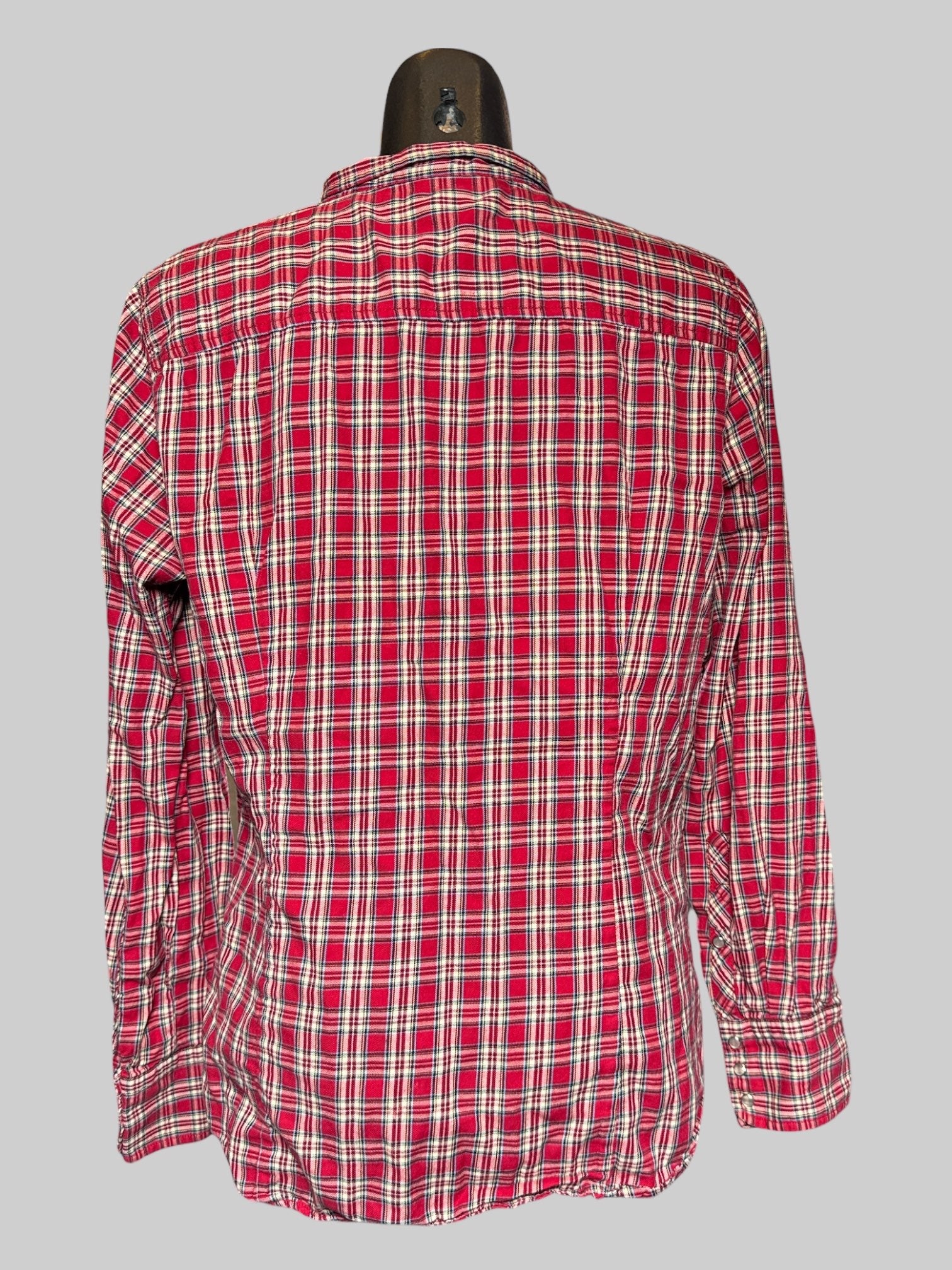 XL J.Crew red, yellow, white, green, and blue plaid button up with ruffles and snap buttons