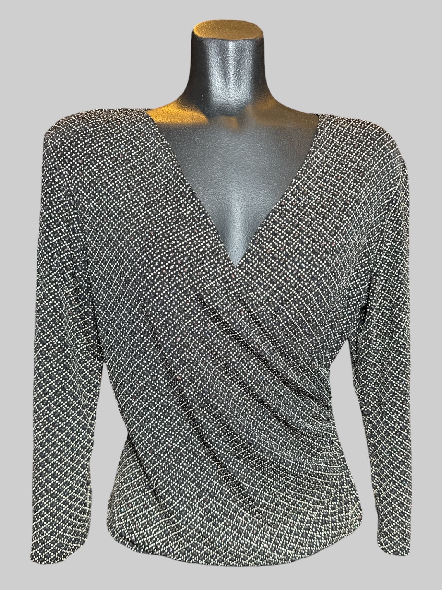 XL Dressbarn Collection vintage faux wrap top with white dots and multicolor sparkly dots