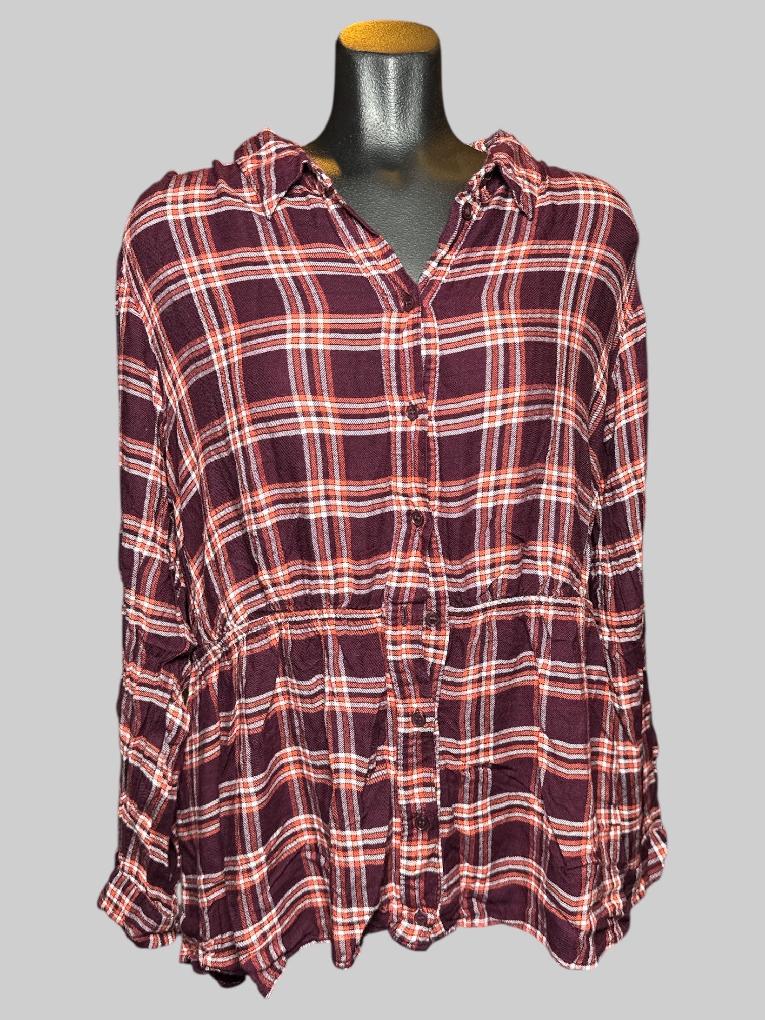 2X Lane Bryant maroon, white, and orange plaid peplum button up blouse