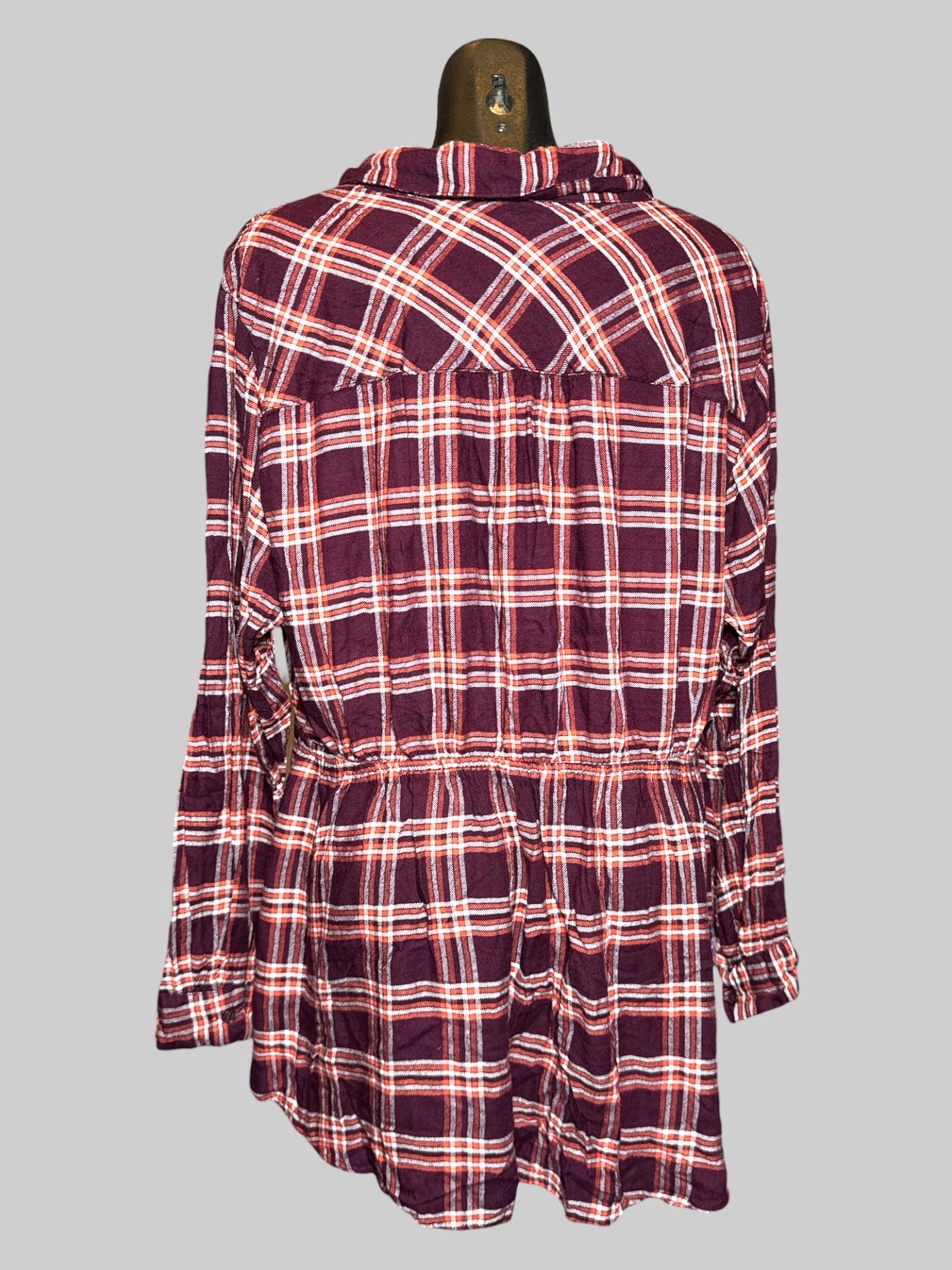 2X Lane Bryant maroon, white, and orange plaid peplum button up blouse
