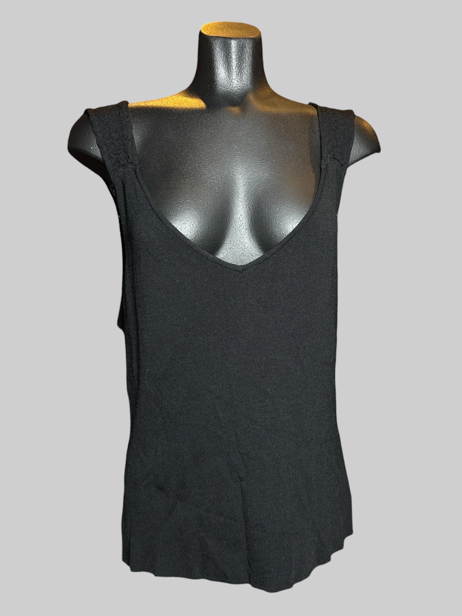 4X black slinky sleeveless blouse with textured straps
