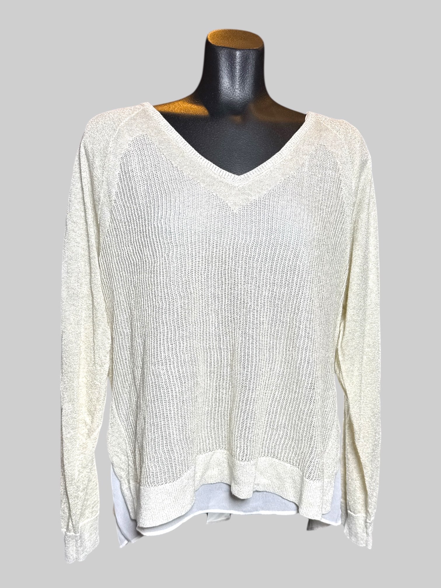0X Lucky Brand cream color loose knit sweater with metallic threads and layer underneath