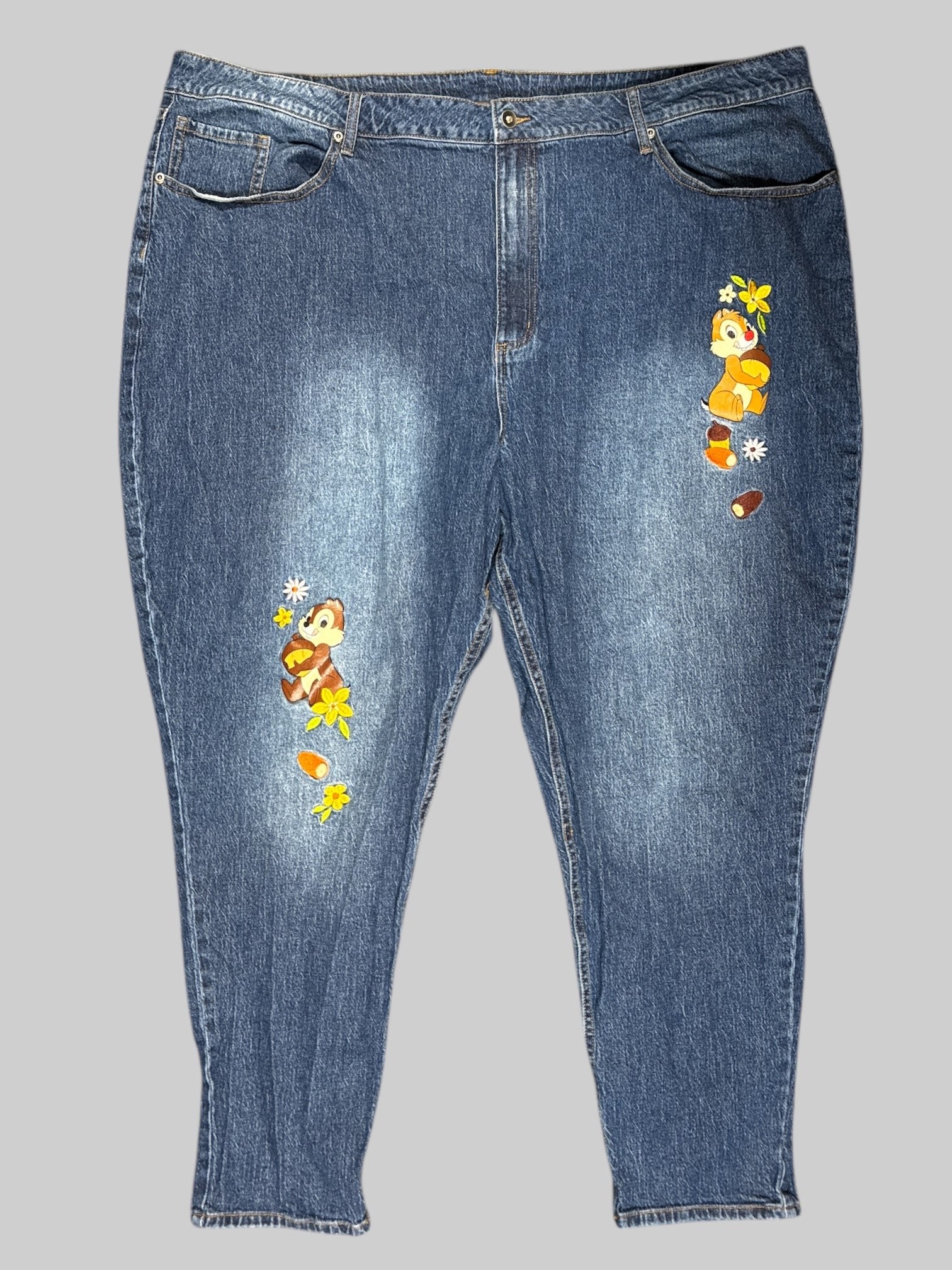 3X Disney Her Universe blue jeans with chip and dale prints and floral embroidery