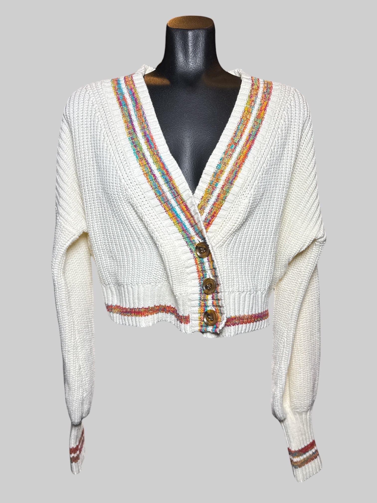 M Urban Outfitters cream color knit cardigan with rainbow knit details and tortoise shell buttons