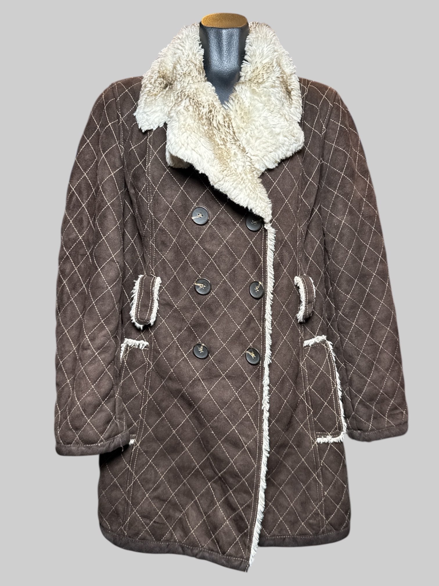 L Laundry brown suede texture quilted coat with snap buttons and faux fur